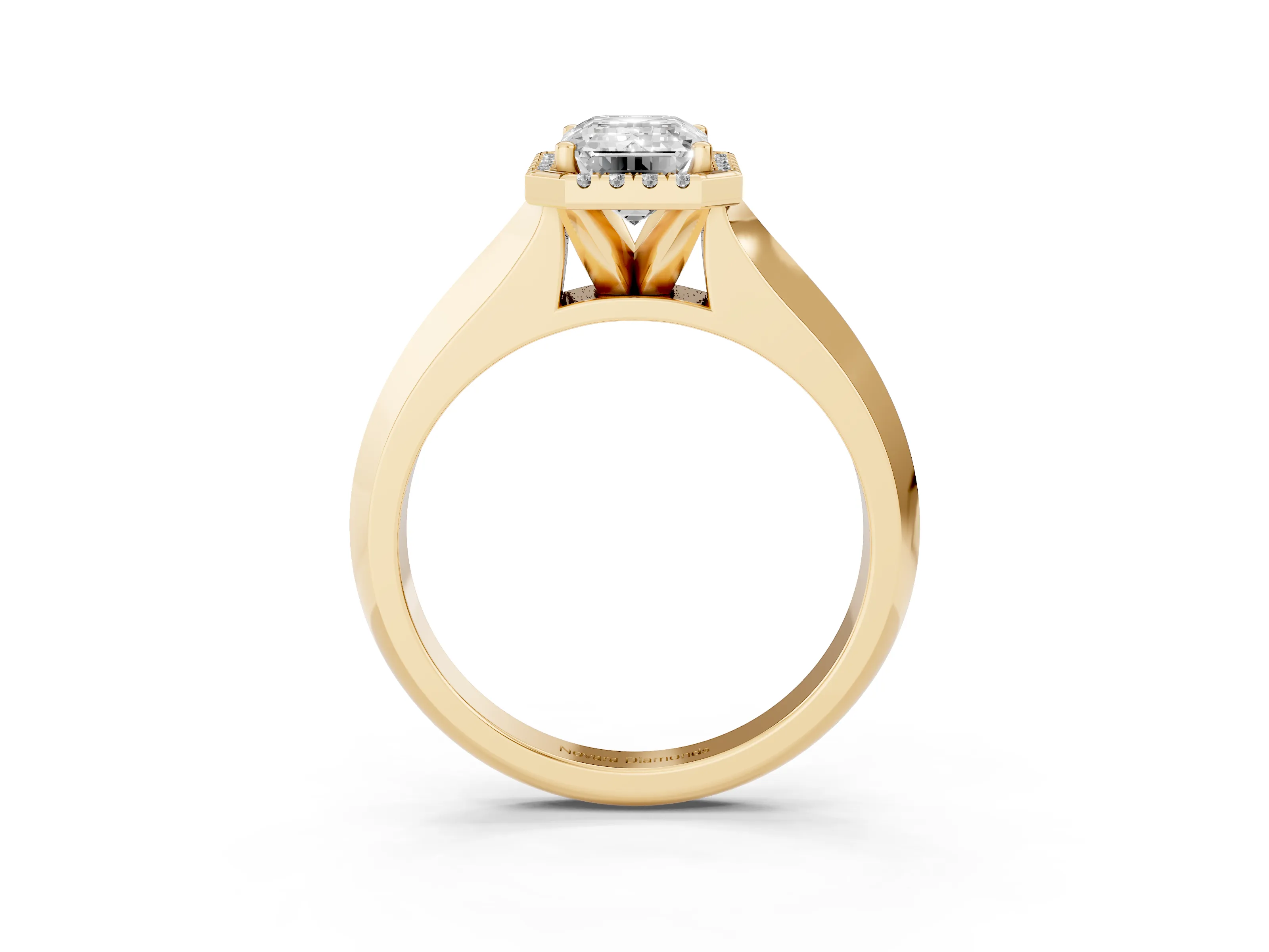 Emerald Cut Diamond Halo Ring Set in Yellow gold with Cathedral Band and Prong Setting