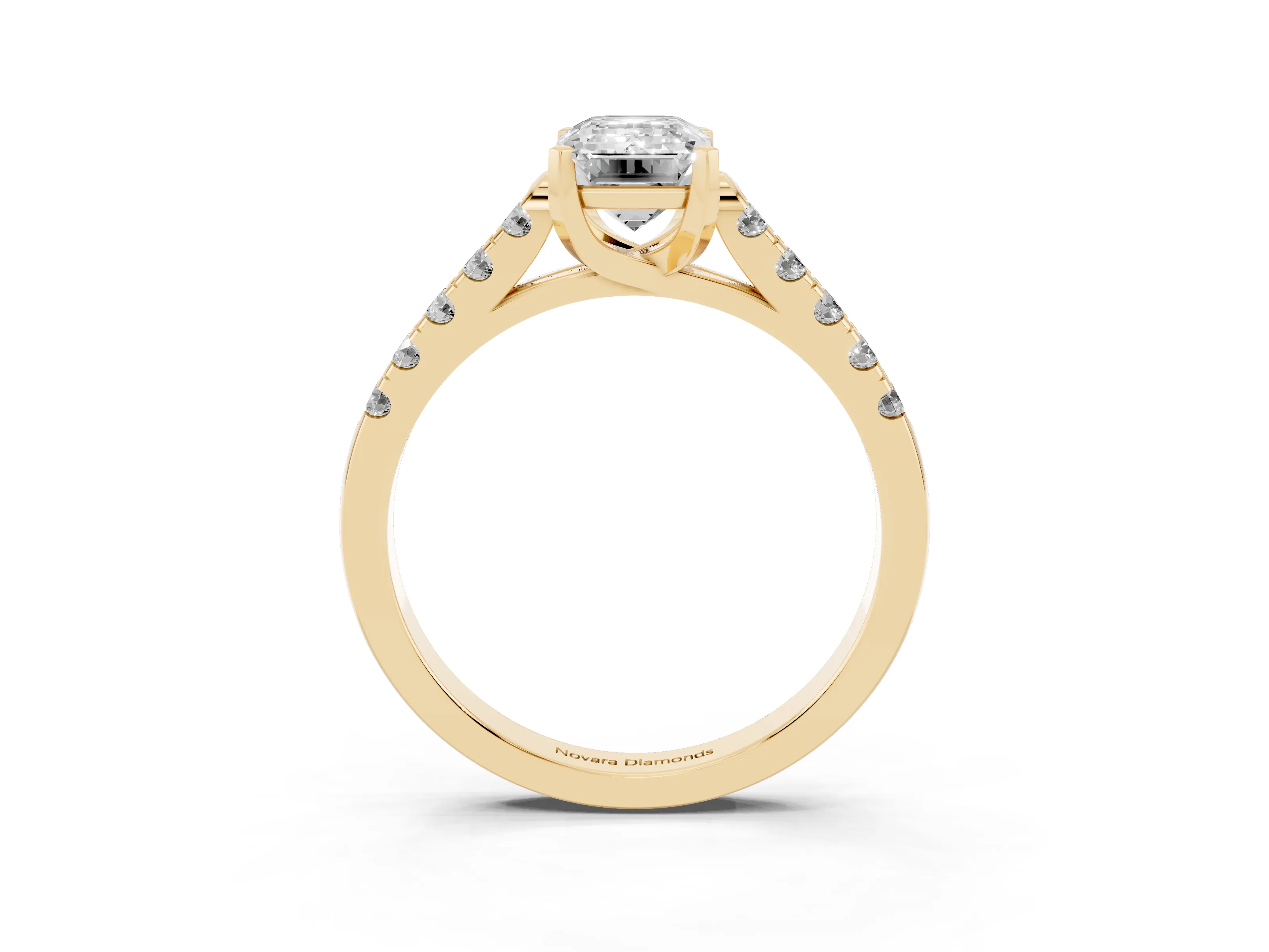 Emerald Cut Diamond Pavé Band Solitaire Ring Set in Yellow gold with Partway Accent Stones and Prong Setting
