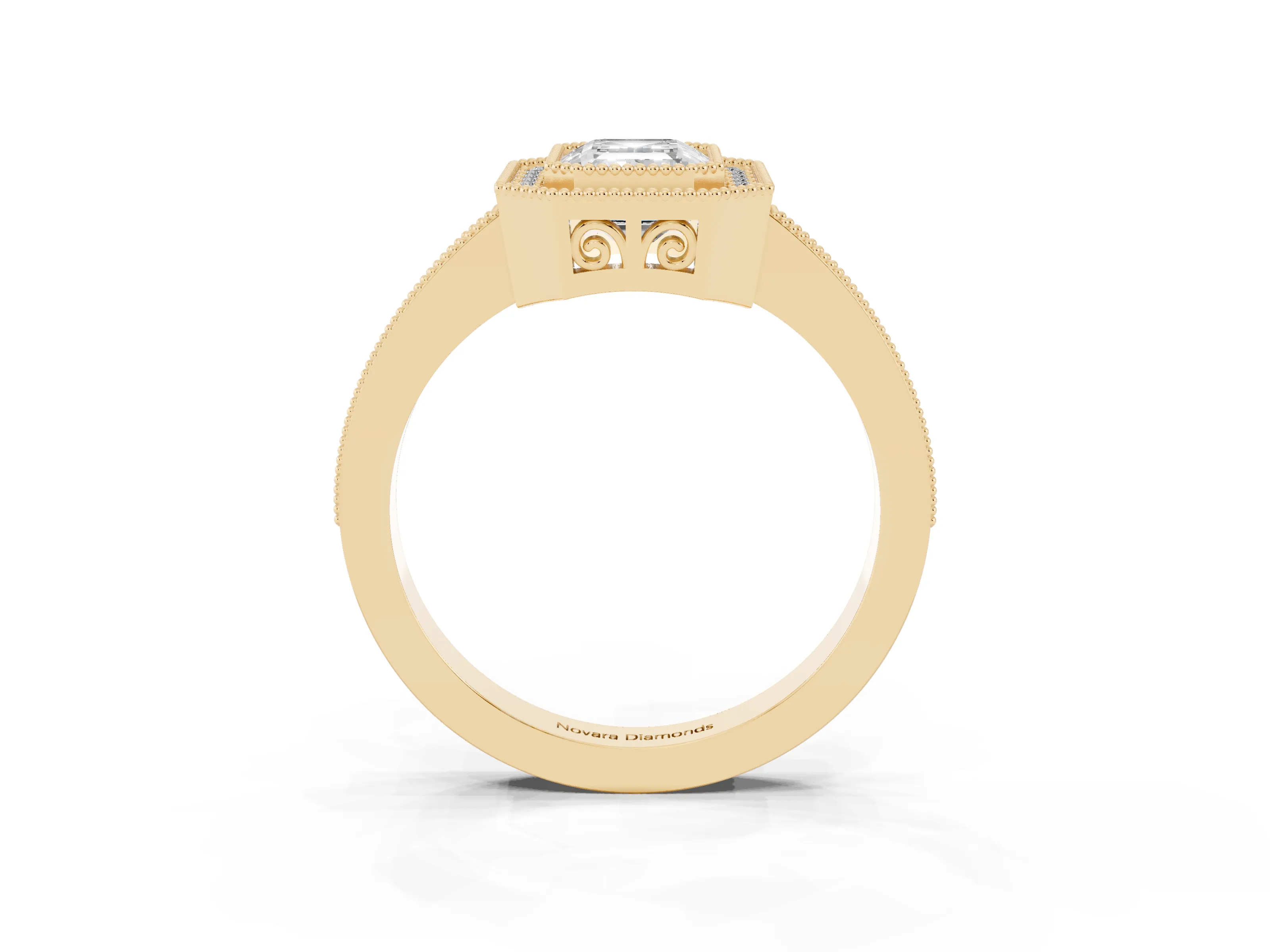 Emerald Cut Diamond Round Halo Ring Set in Yellow gold with Pavé Band