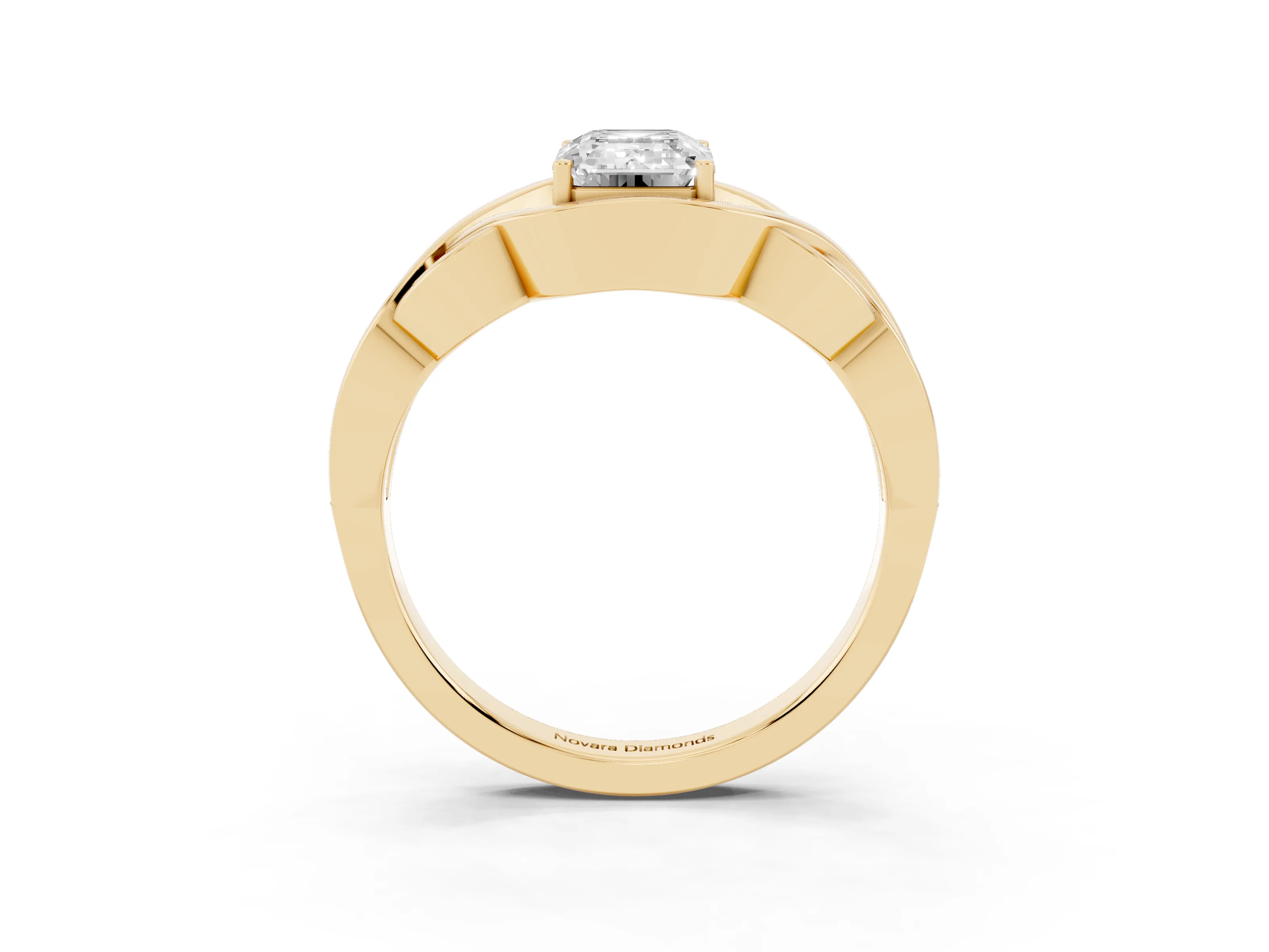 Emerald Cut Diamond Solitaire Ring Set in Yellow gold with Intertwined Band