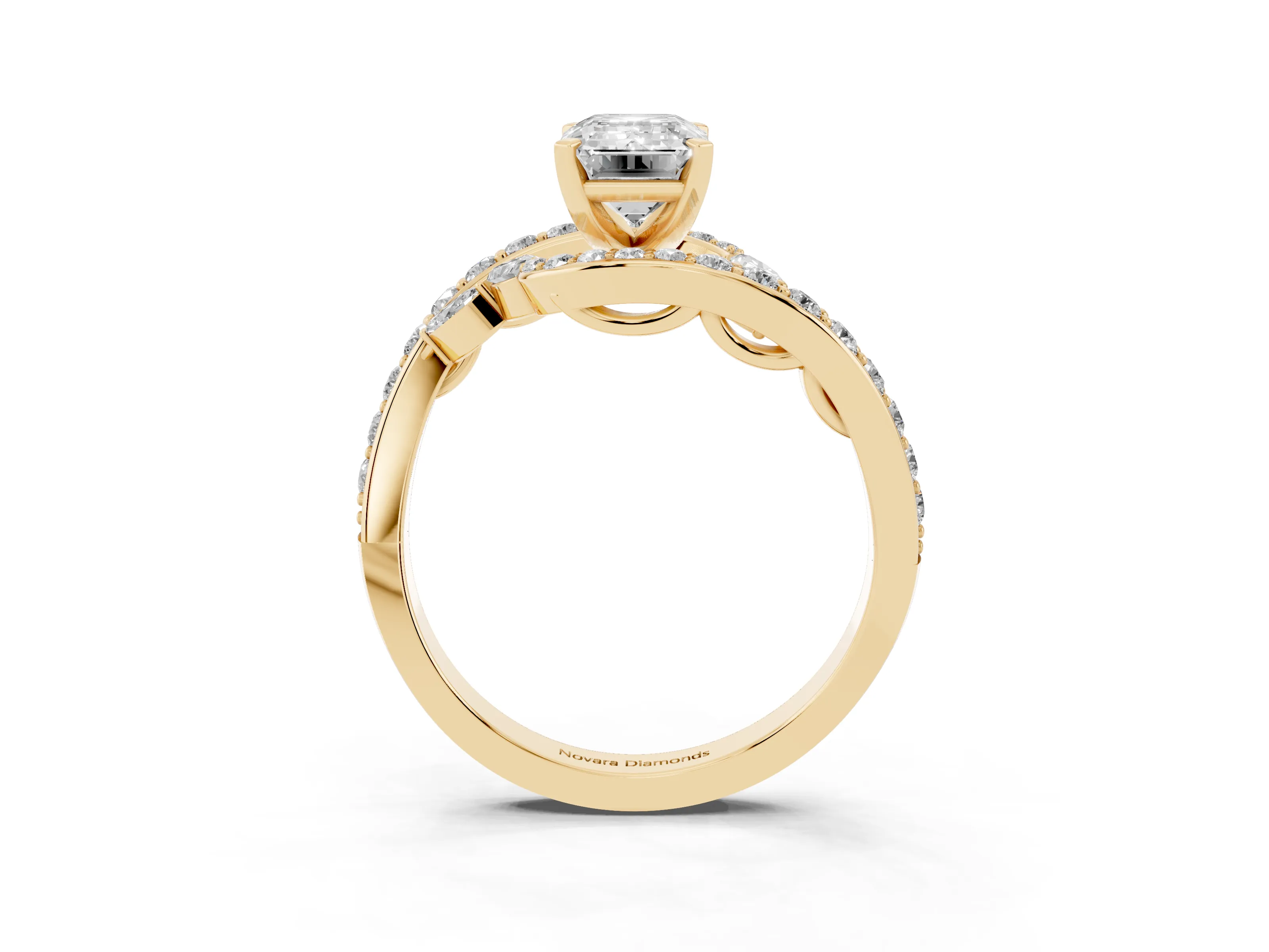 Emerald Cut Diamond Solitaire Ring Set in Yellow gold with Pavé Twist Band and Secure Prong Setting