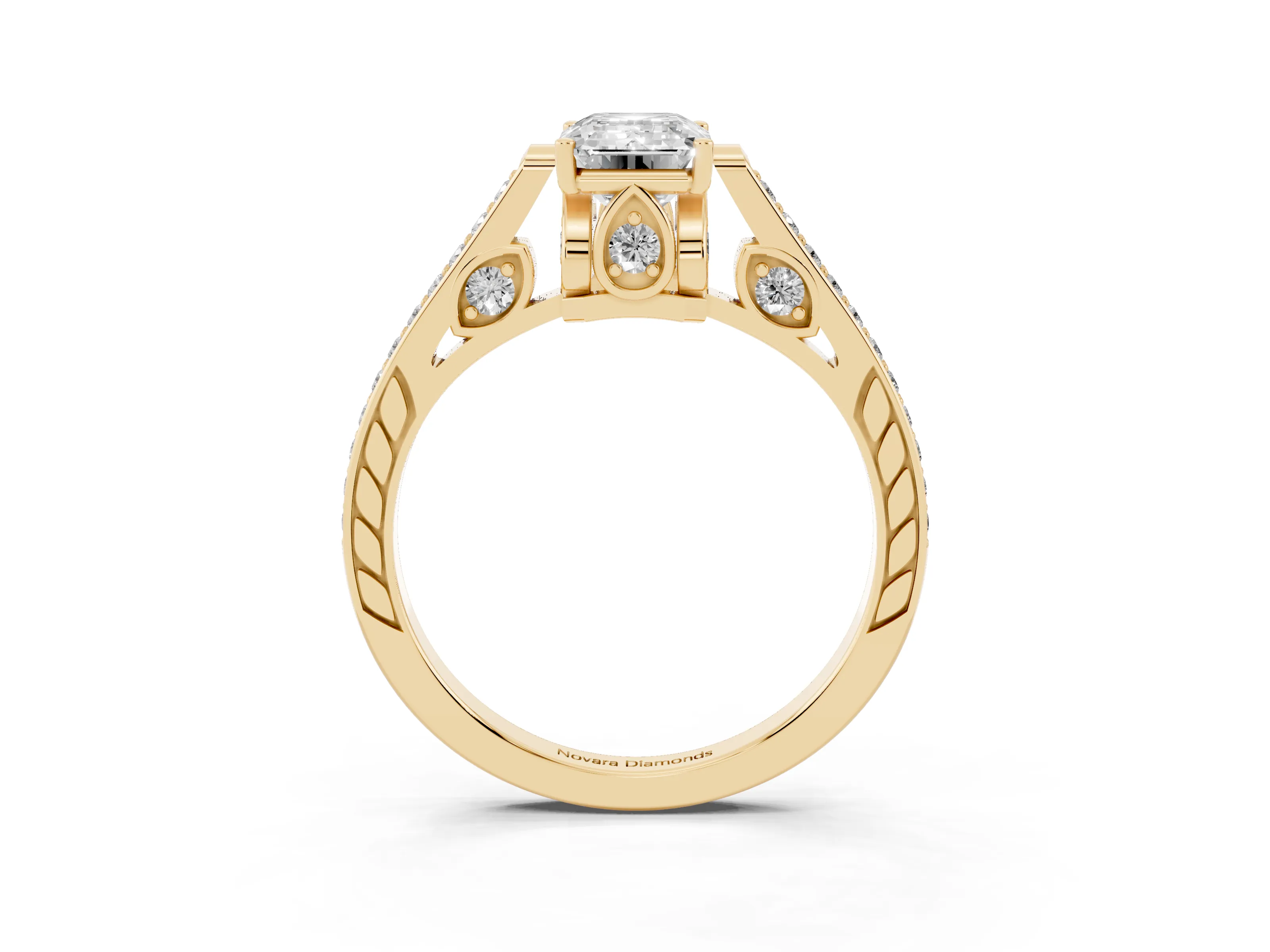 Emerald Cut Diamond Cathedral Pavé Engagement Ring Set in Yellow gold with Prong Setting