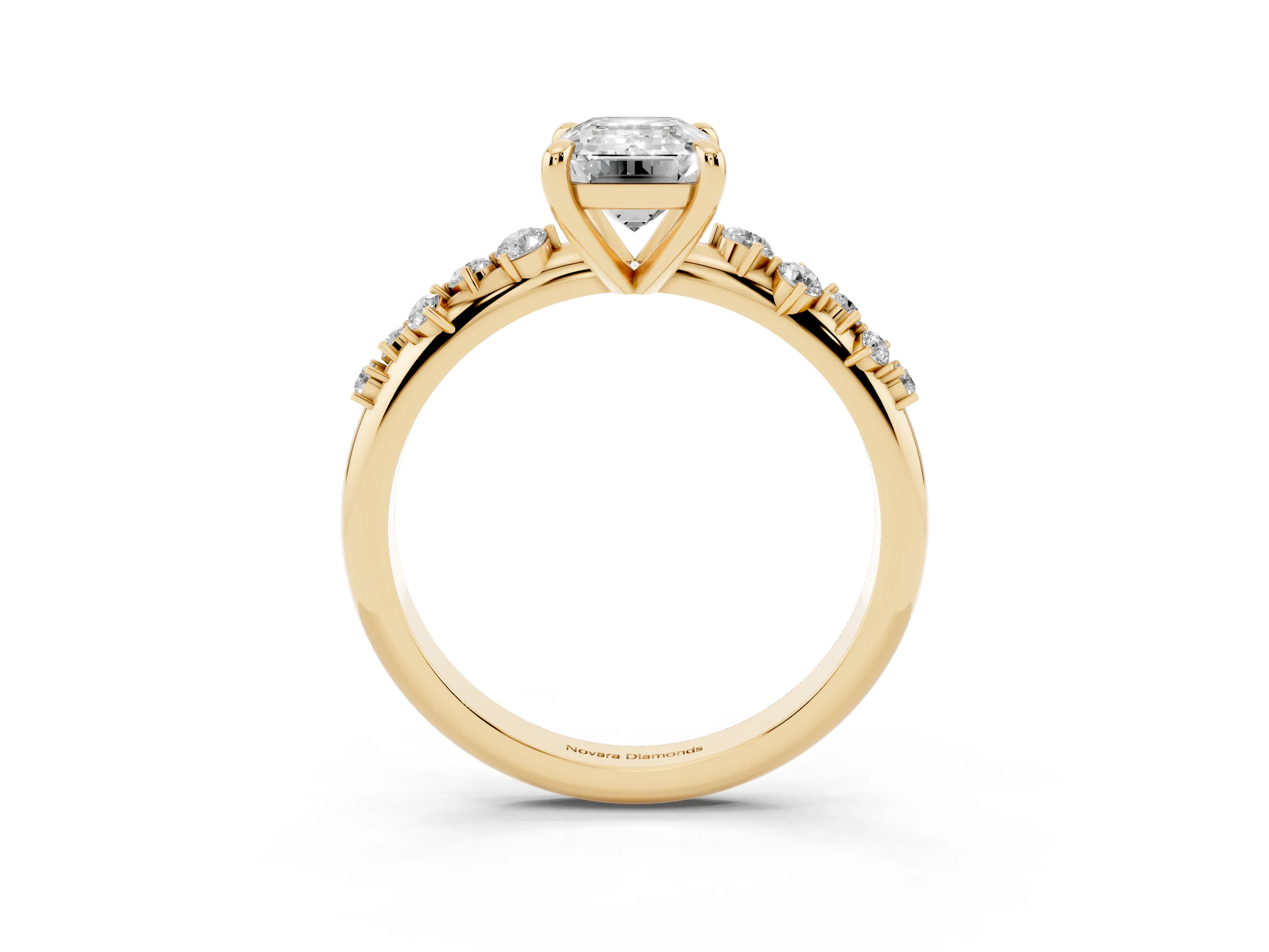 Emerald Cut Diamond Solitaire Vine Band Ring Set in Yellow gold with Round Accents and Prong Setting