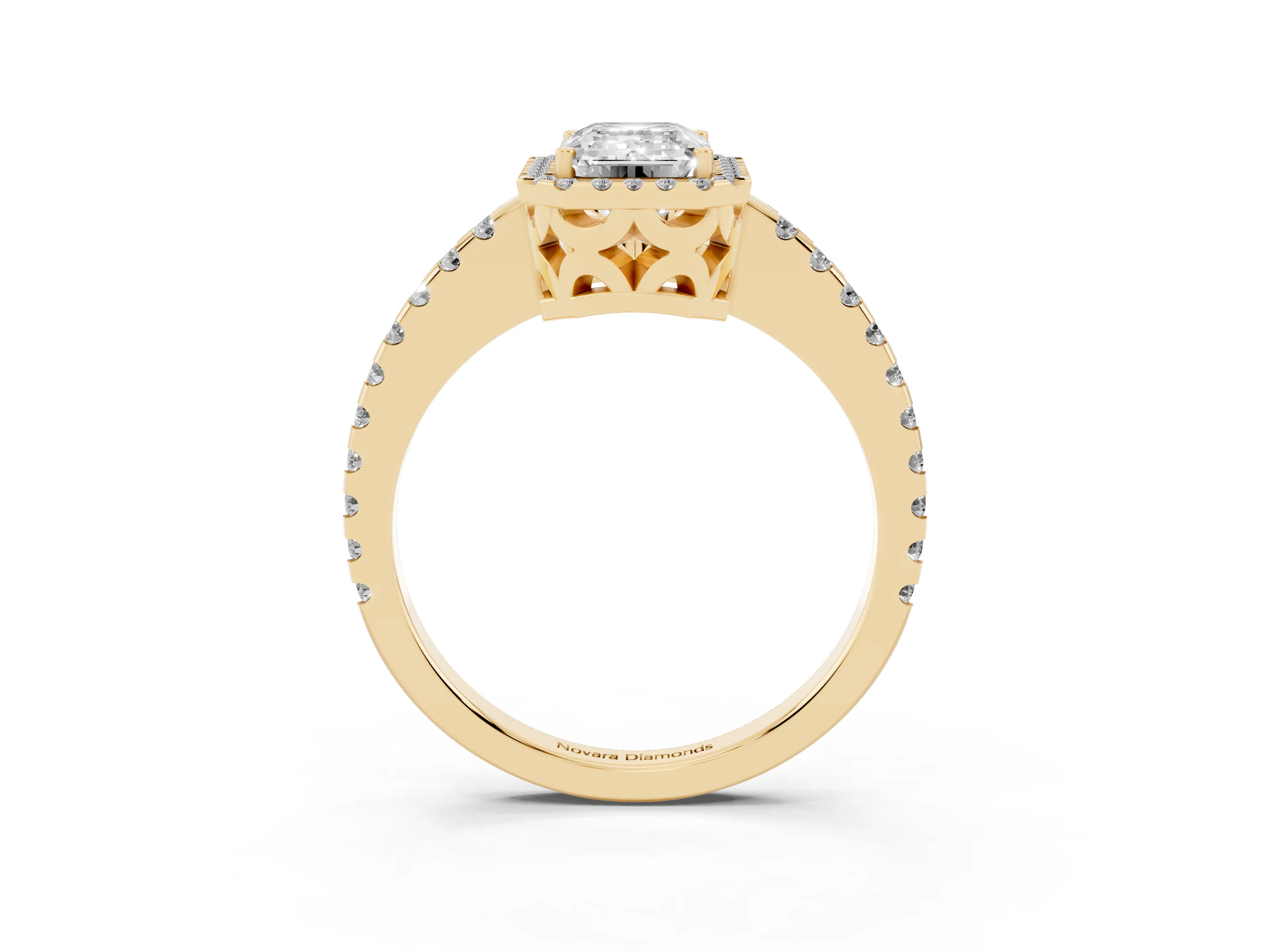 Emerald Cut Diamond Halo Ring Set in Yellow gold with Pavé Shoulders and Halo-Framed Center