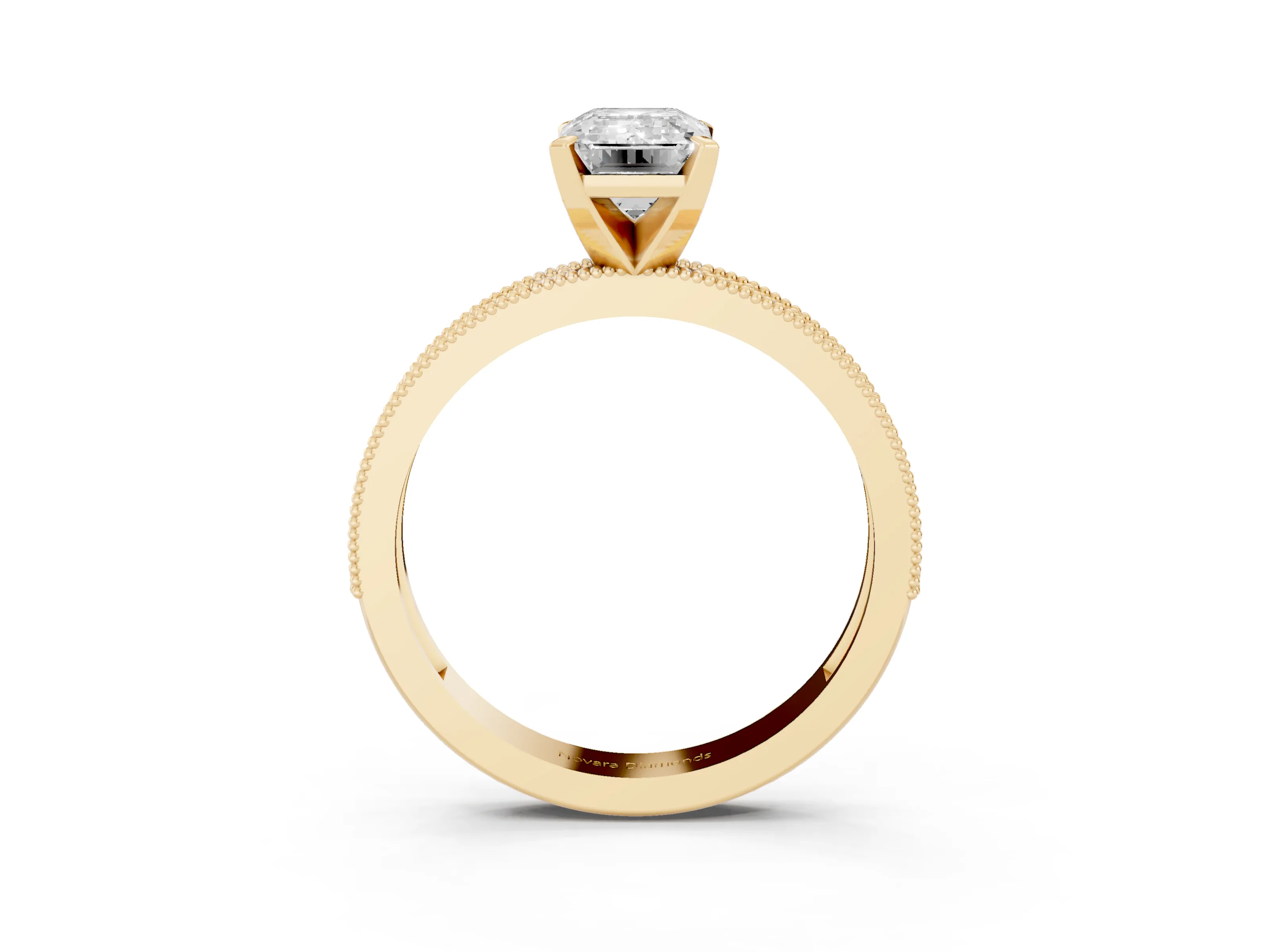 Emerald Cut Diamond Milgrain Pavé Engagement Ring Set in Yellow gold with Prong Setting
