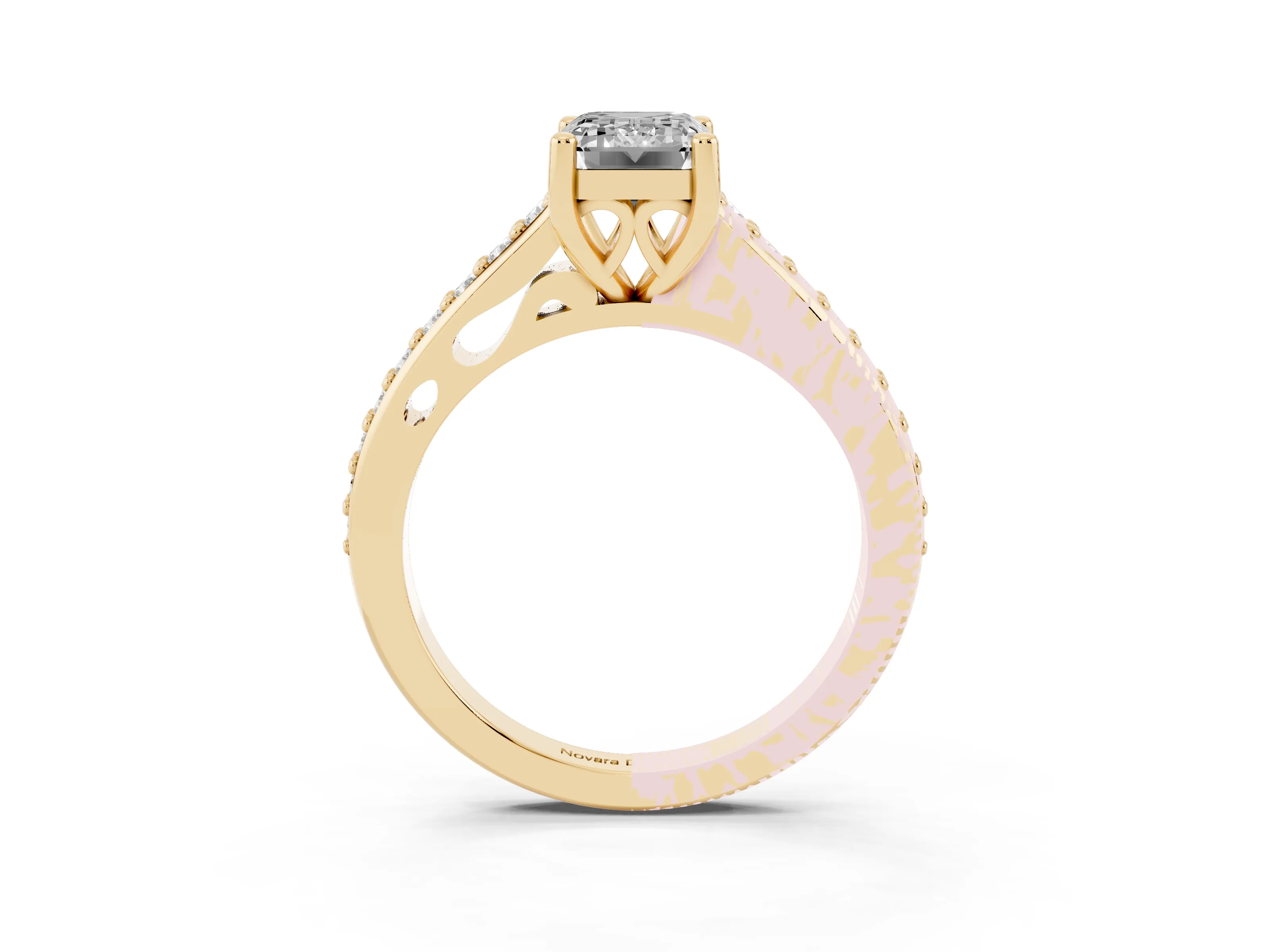 Emerald Cut Diamond Prong Set Solitaire Engagement Ring Set in Yellow gold with Pavé Band