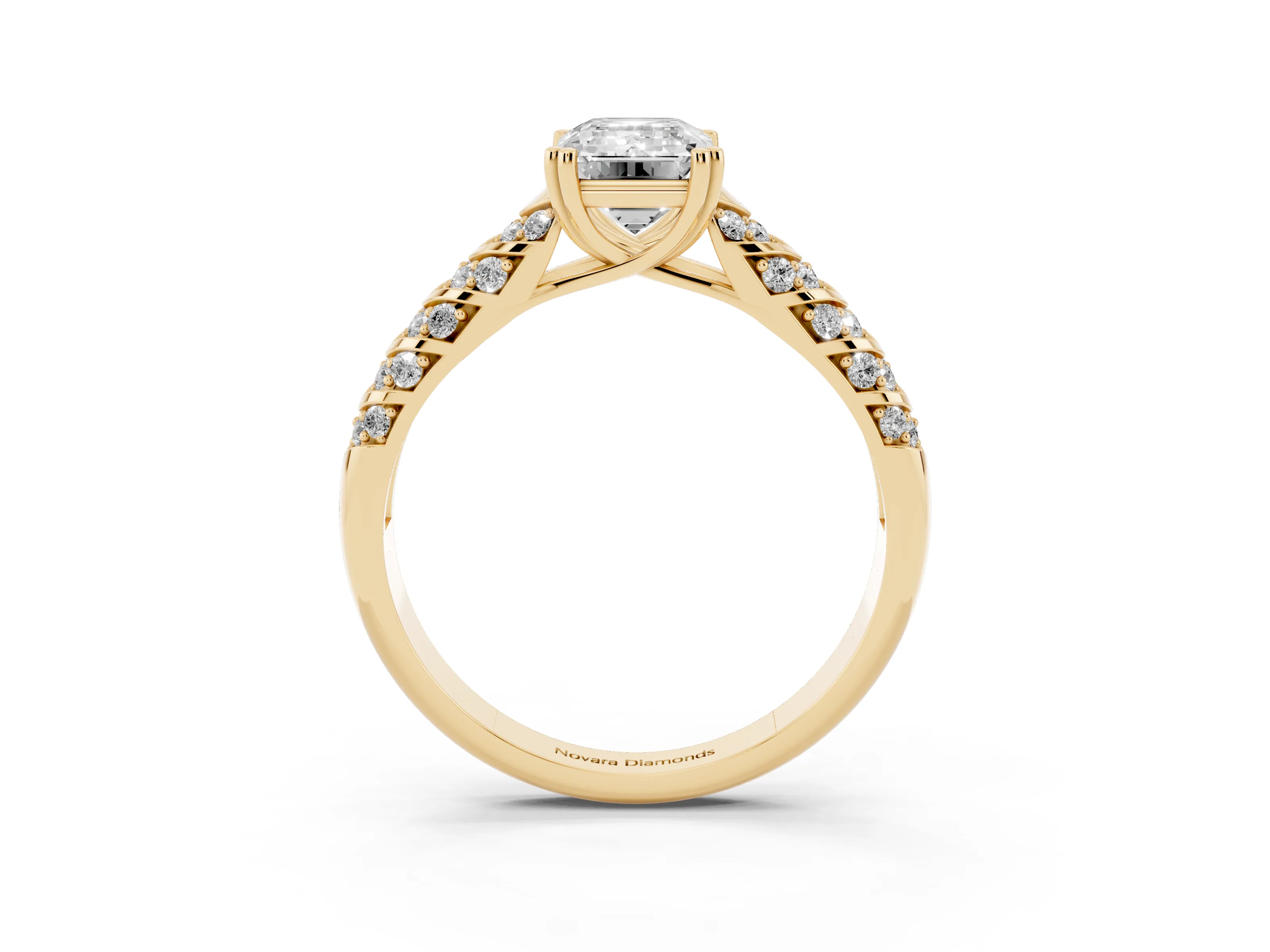 Emerald Cut Diamond Solitaire Chevron Pavé Engagement Ring Set in Yellow gold with Prong Setting