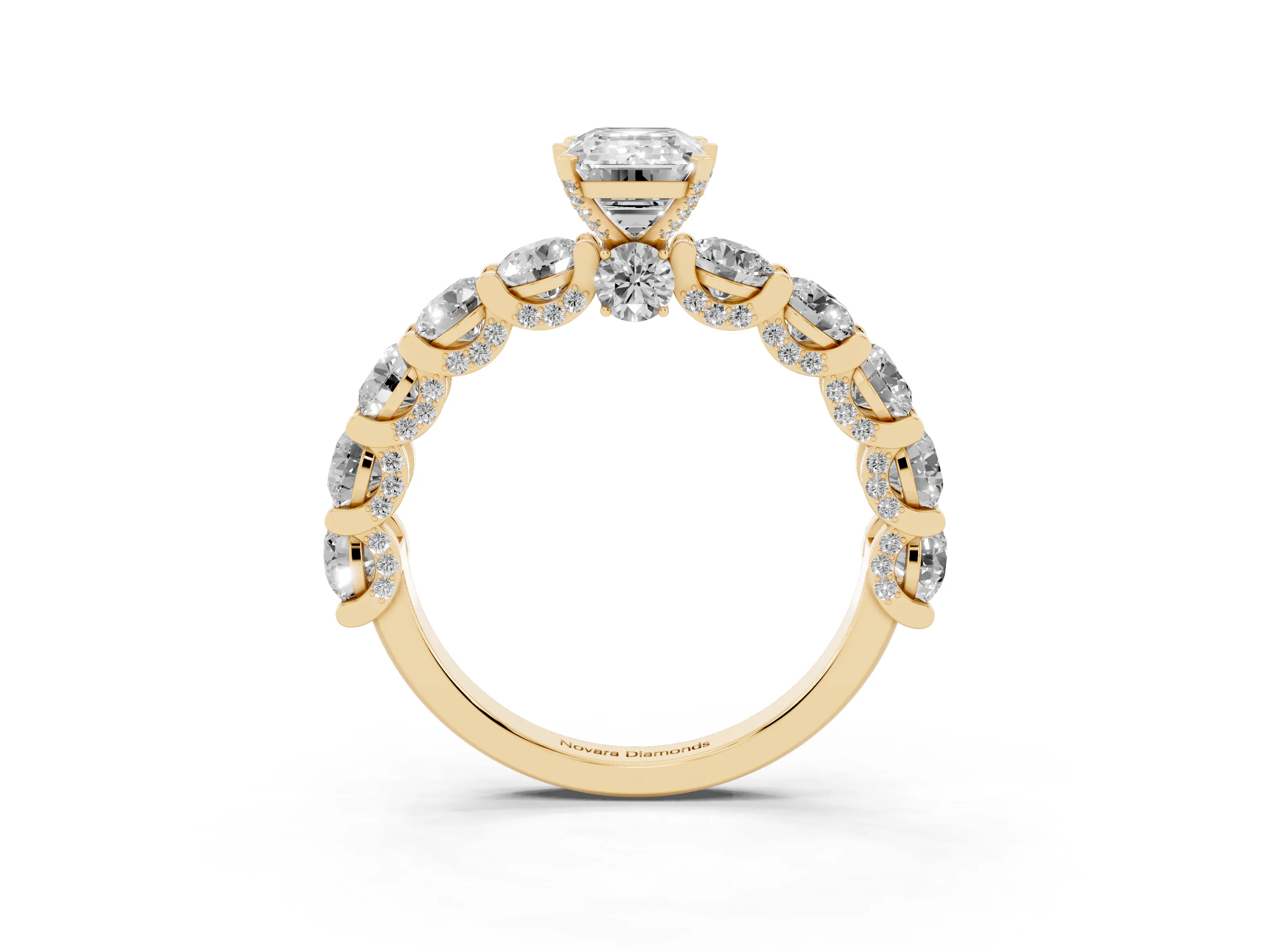 Emerald Cut Diamond Side Stone Ring Set in Yellow gold with Alternating Round and Oval Side Stones