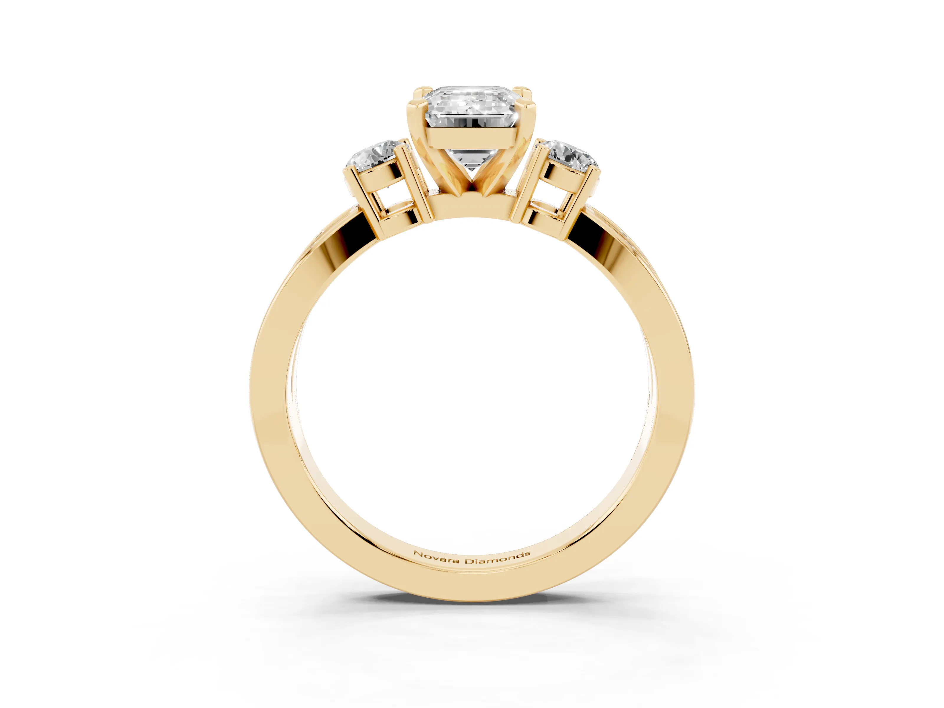 Three-Stone Emerald Cut Diamond Twist Band Ring Set in Yellow gold with Pavé Accents and Prong Setting