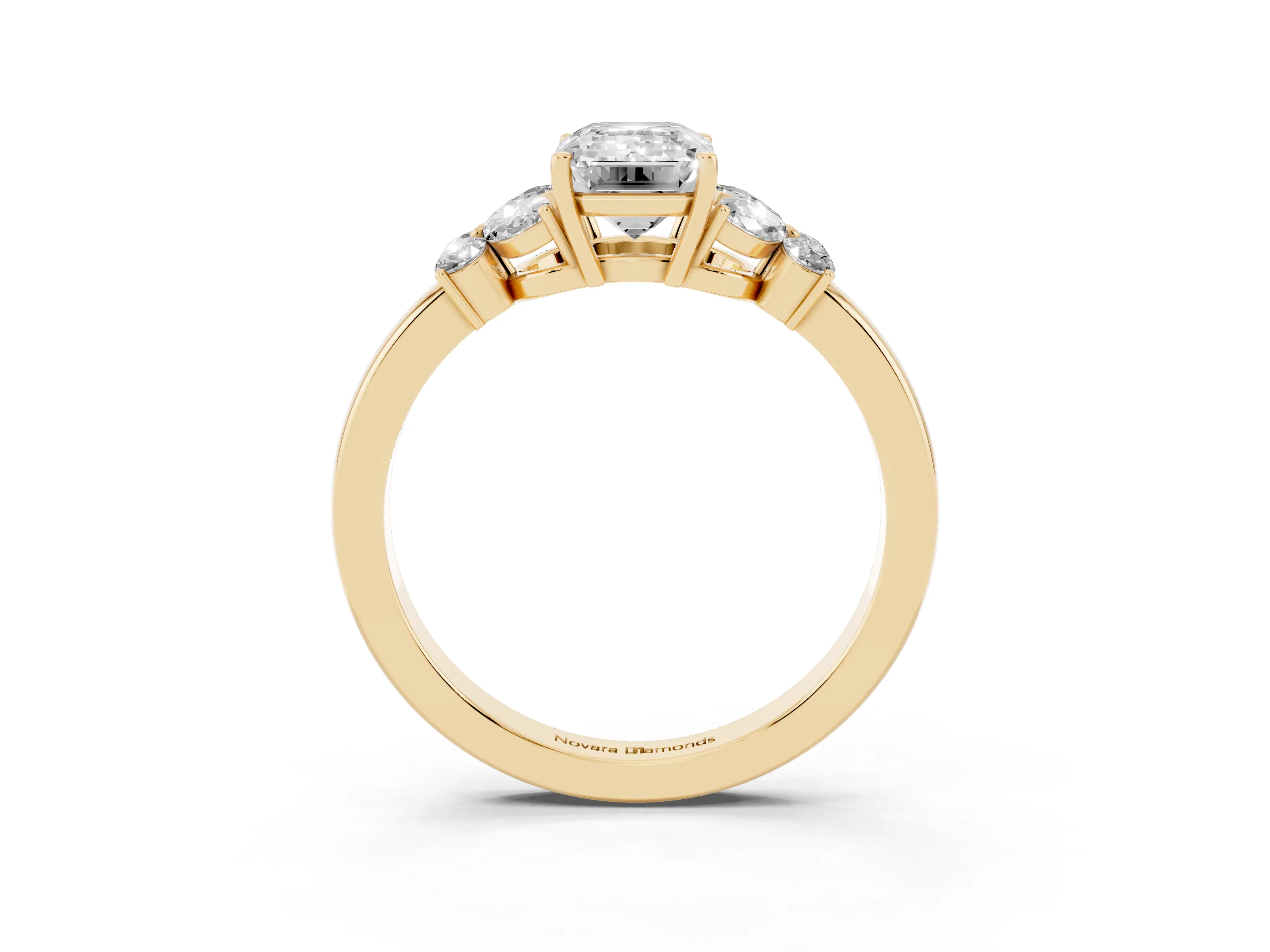 Emerald Cut Diamond Solitaire Floral Ring Set in Yellow gold with Marquise Petals and Prong Setting