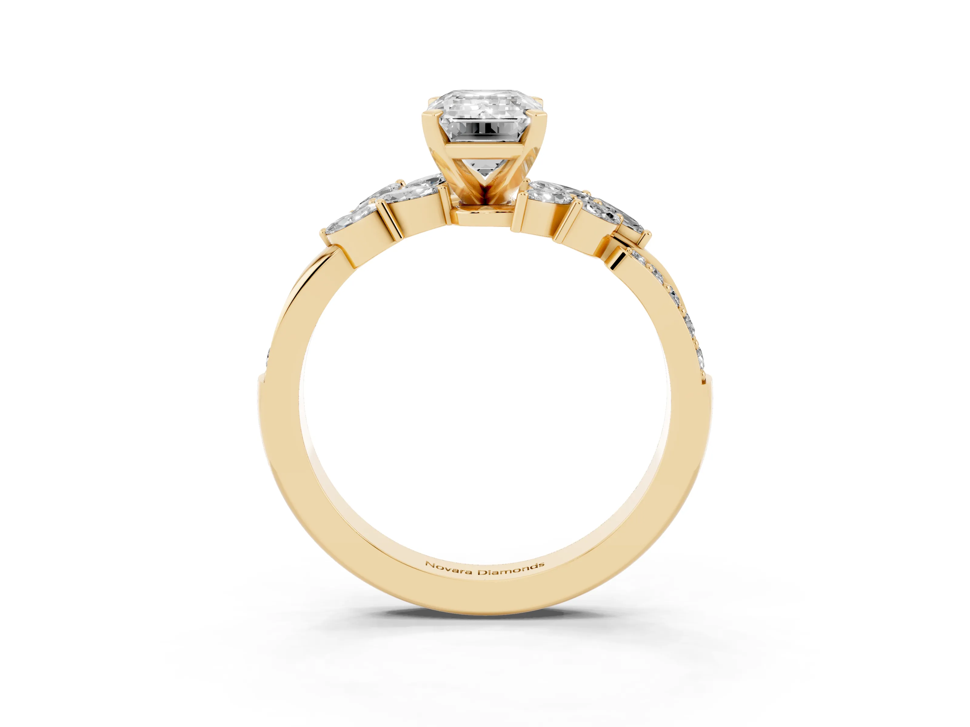 Emerald Cut Diamond Solitaire Ring Set in Yellow gold with Marquise Twist Band and Prong Setting