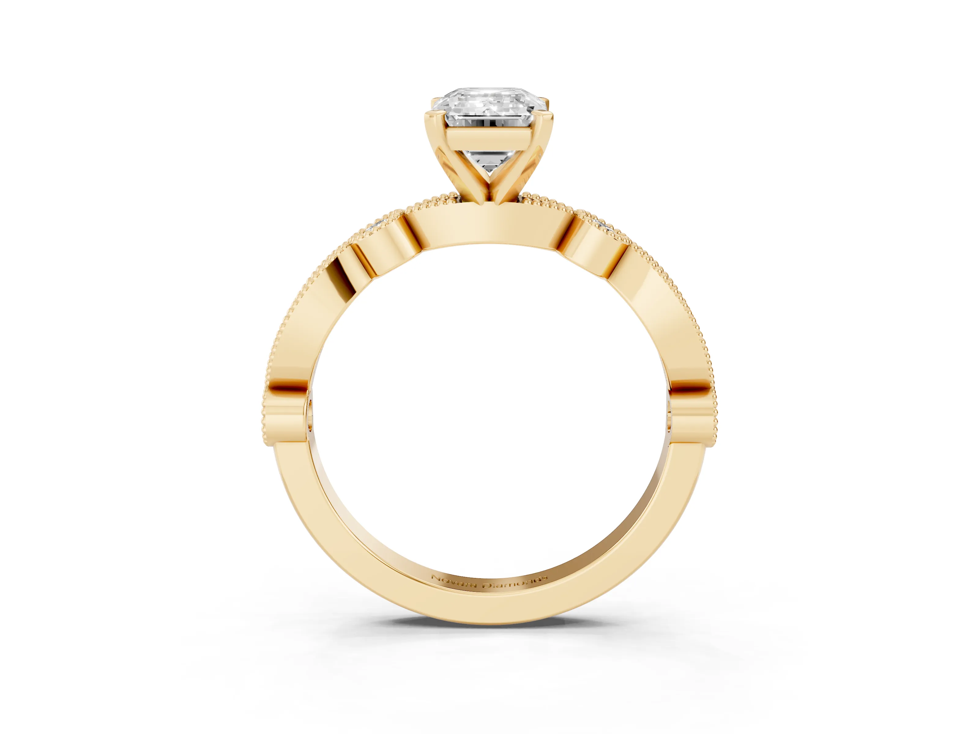 Emerald Cut Diamond Solitaire Engagement Ring Set in Yellow gold with Milgrain Bezel Accent Band