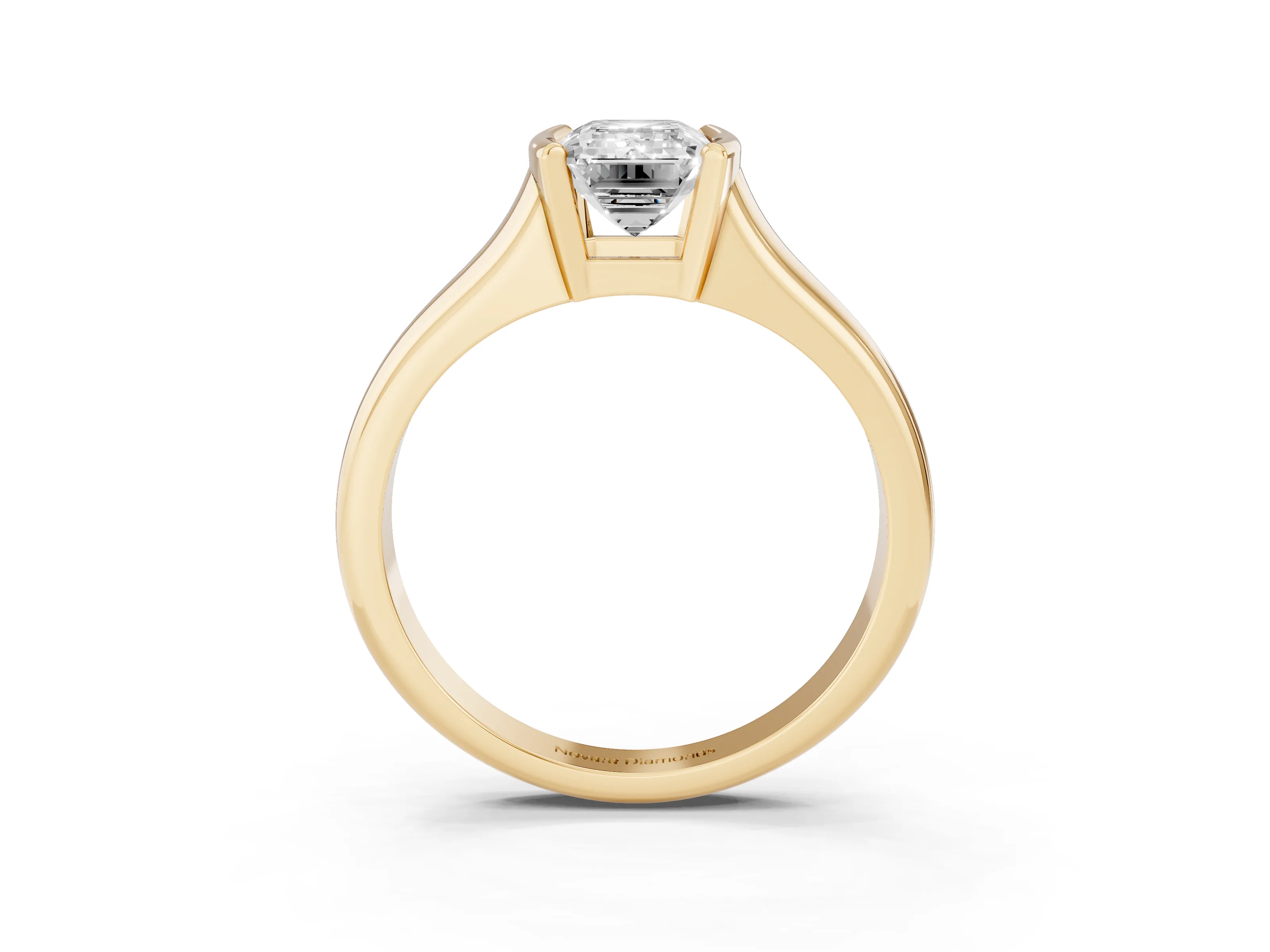 Emerald Cut Diamond Solitaire Tension Set Ring Set in Yellow gold with Split Shank Band