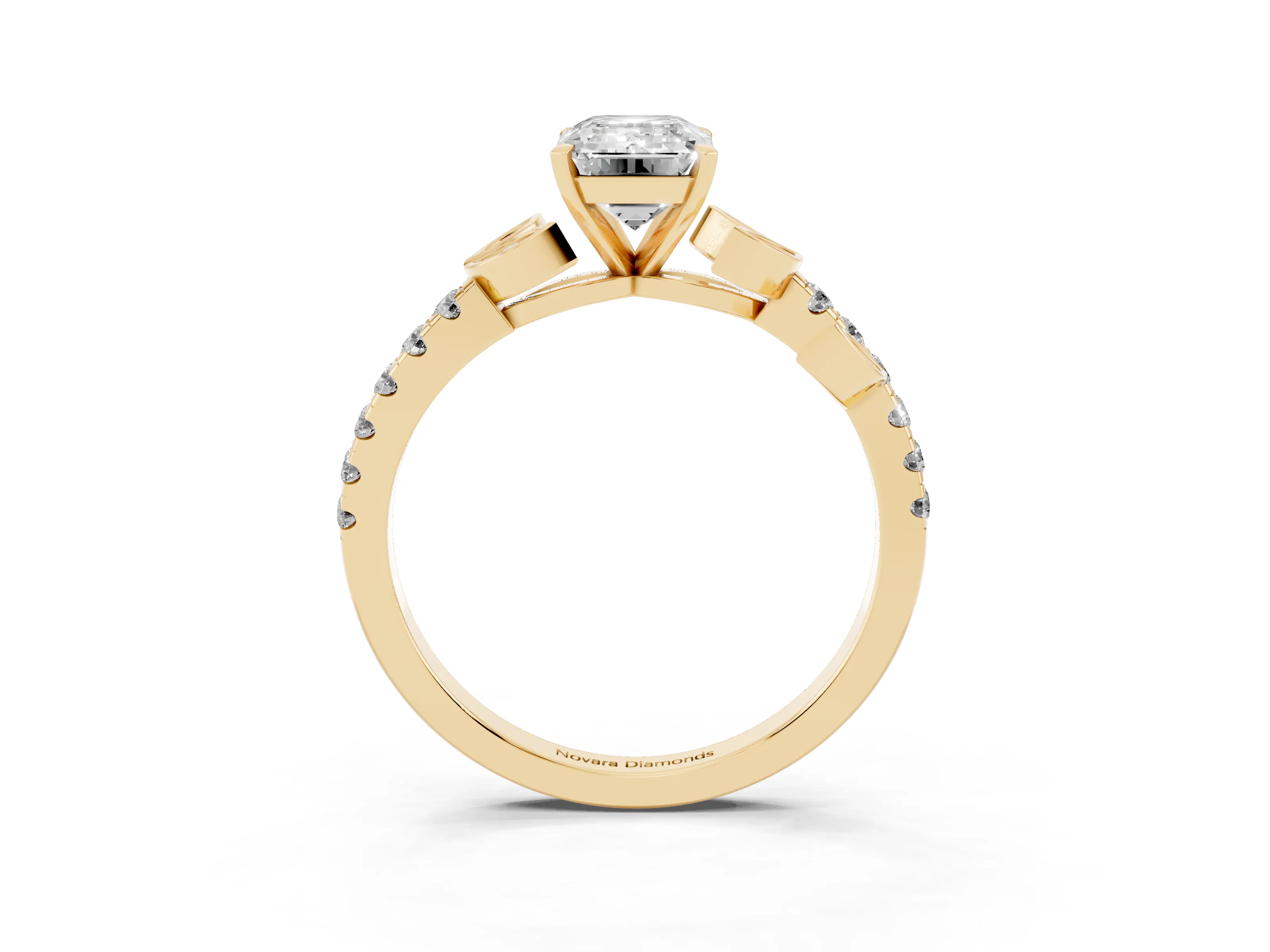Emerald Cut Diamond Solitaire Leaf-Inspired Ring Set in Yellow gold with Pavé Band and Prong Setting