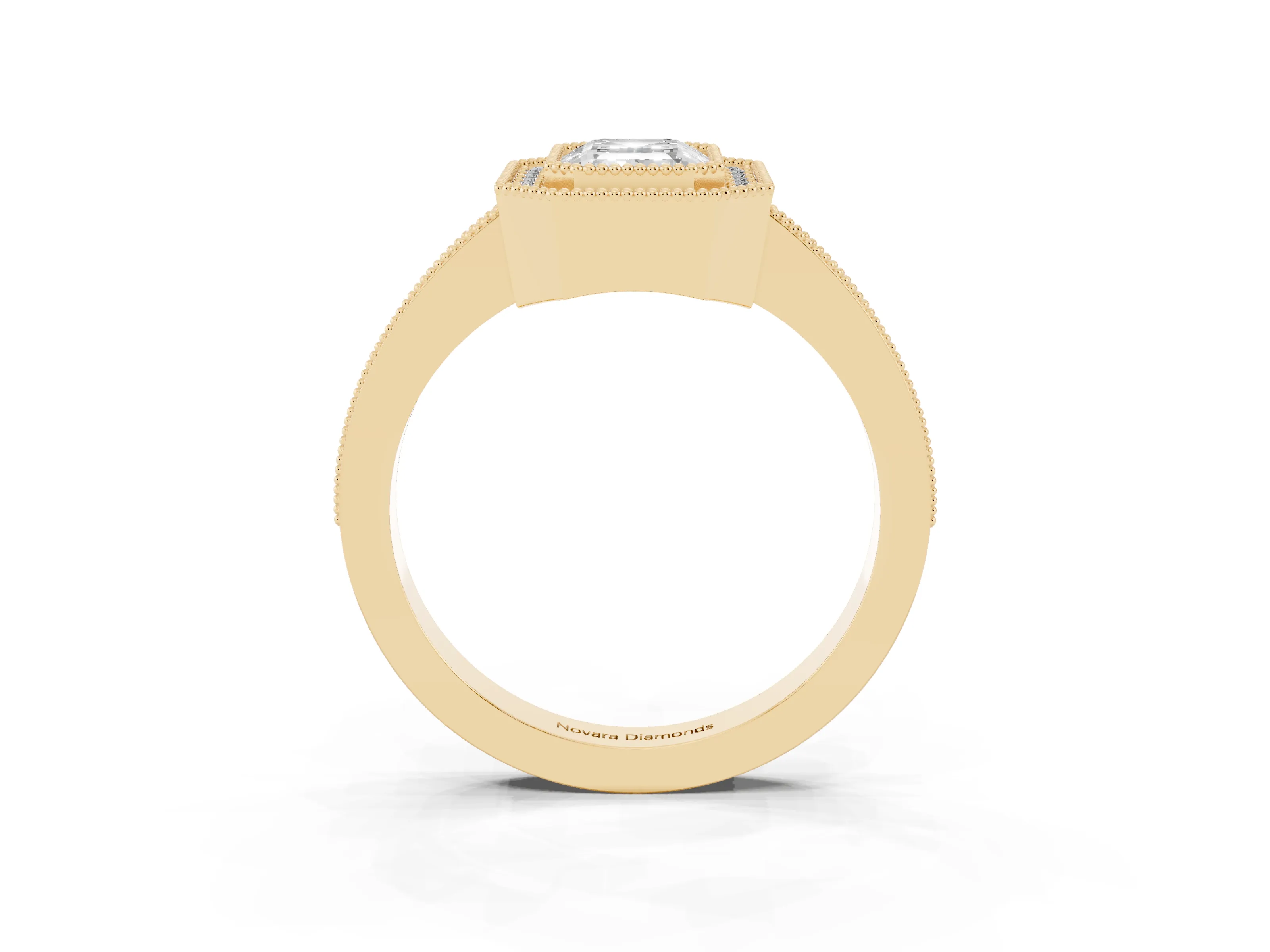 Emerald Cut Diamond Halo Engagement Ring Set in Yellow gold with Pavé Band and Round Halo Stones