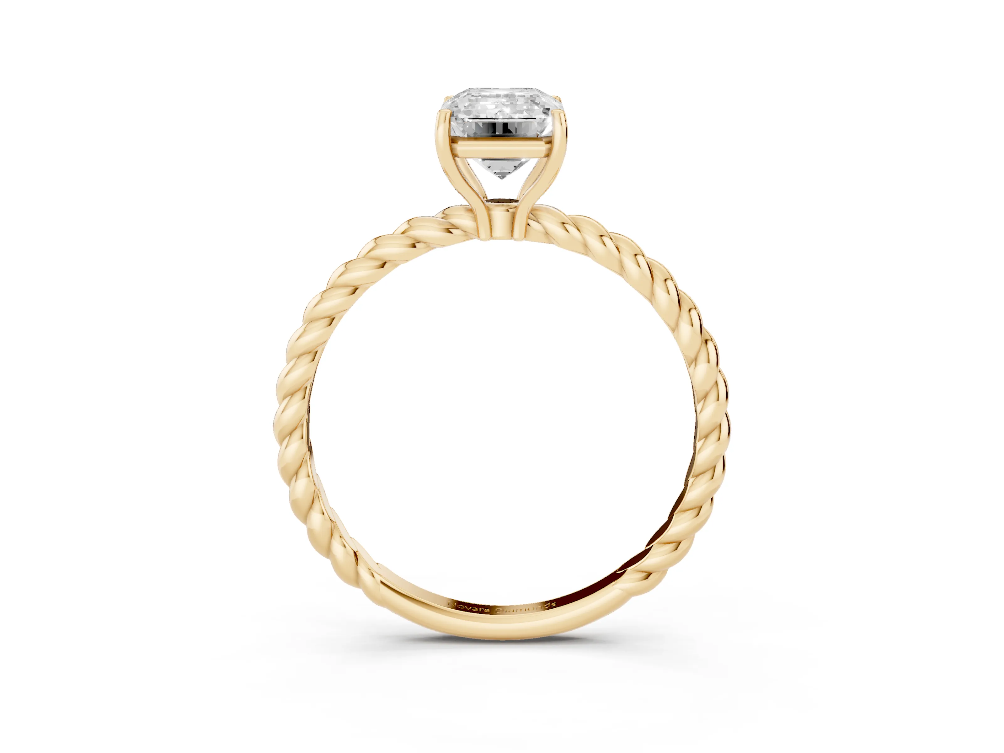 Emerald Cut Diamond Solitaire Ring Set in Yellow gold with Twist Band and Prong Setting