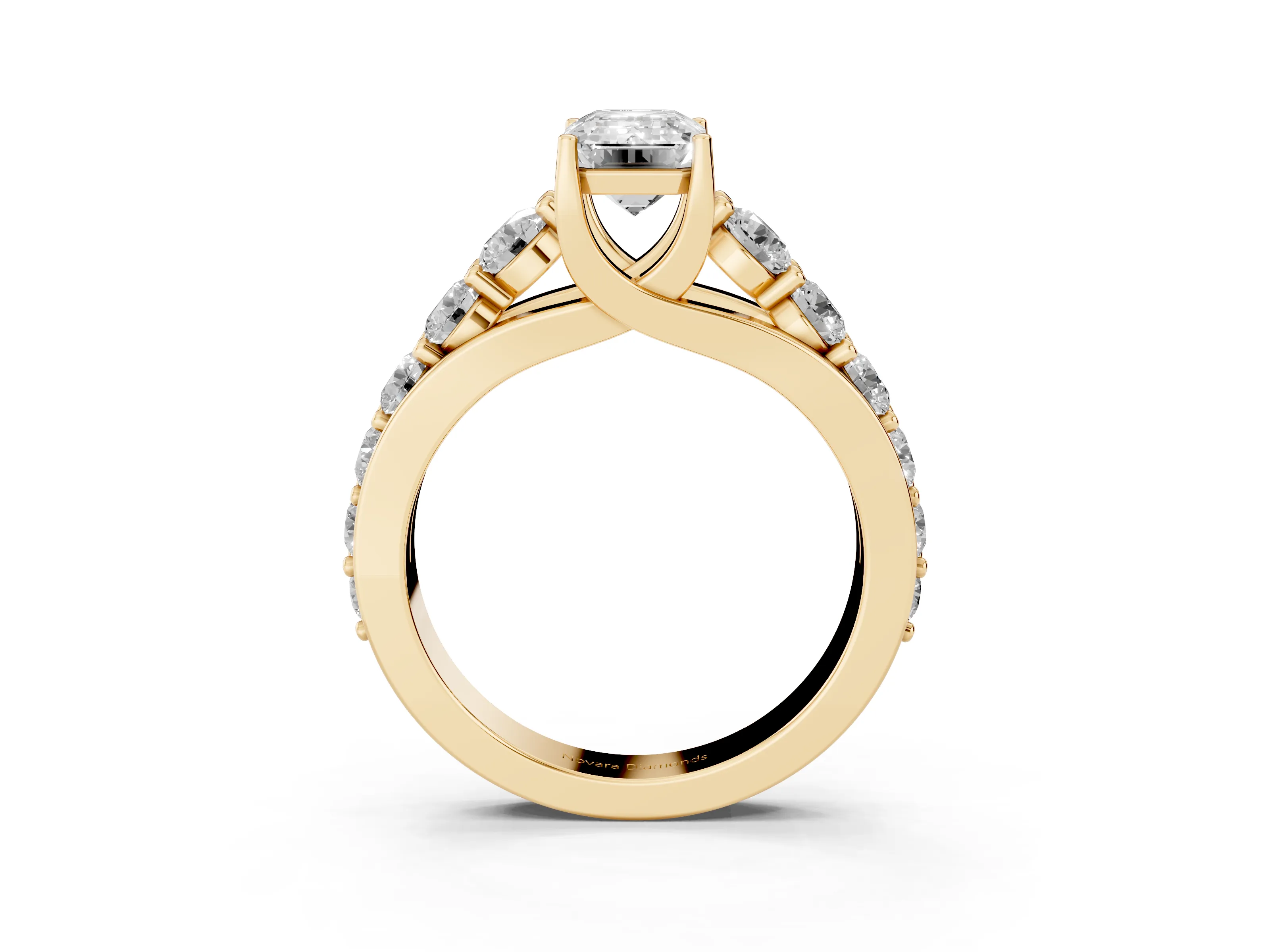 Emerald Cut Diamond Pavé Engagement Ring Set in Yellow gold with Prong Setting