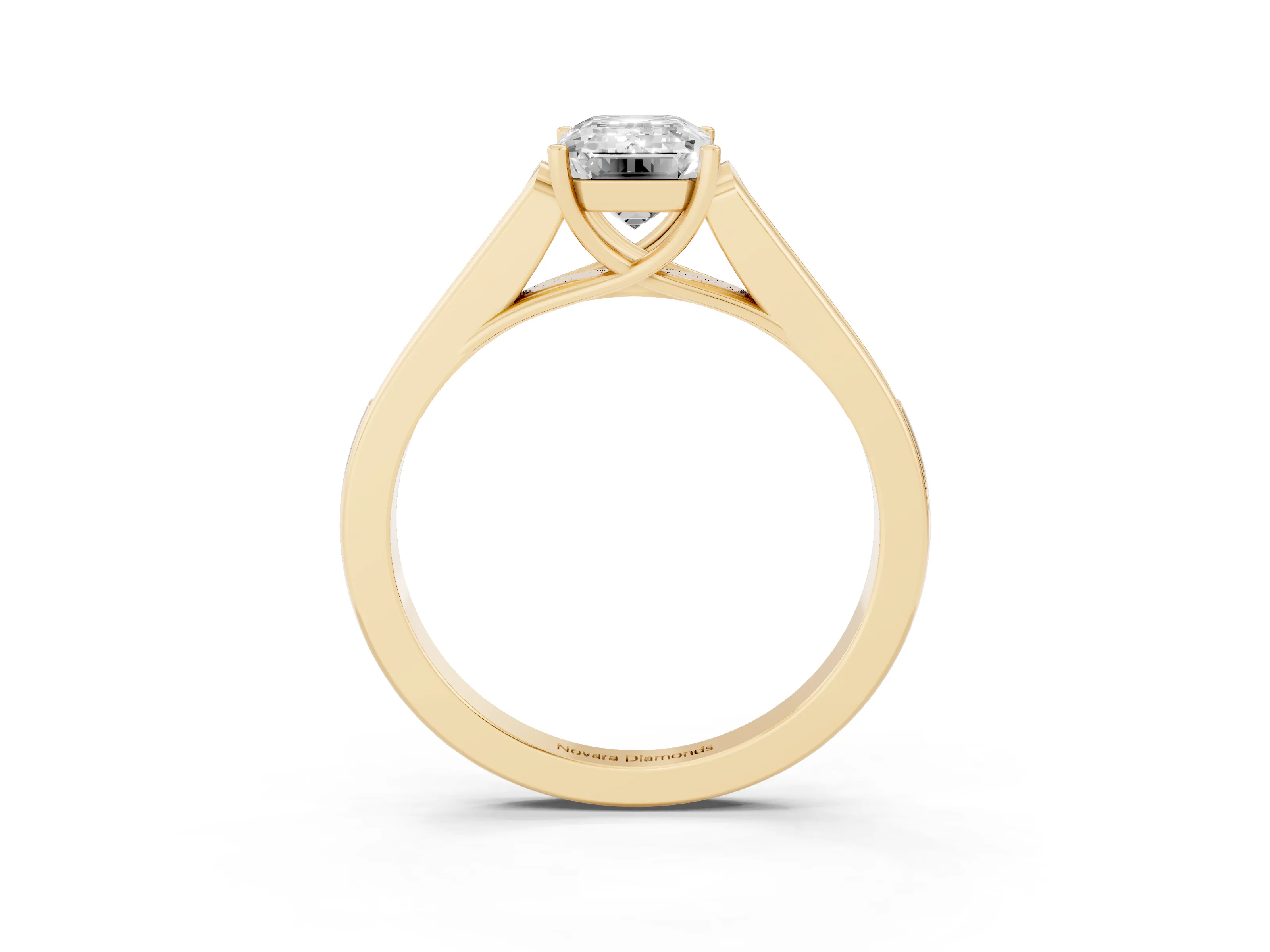 Emerald Cut Diamond Solitaire Cathedral Engagement Ring Set in Yellow gold with Channel-Set Band and Prong Setting