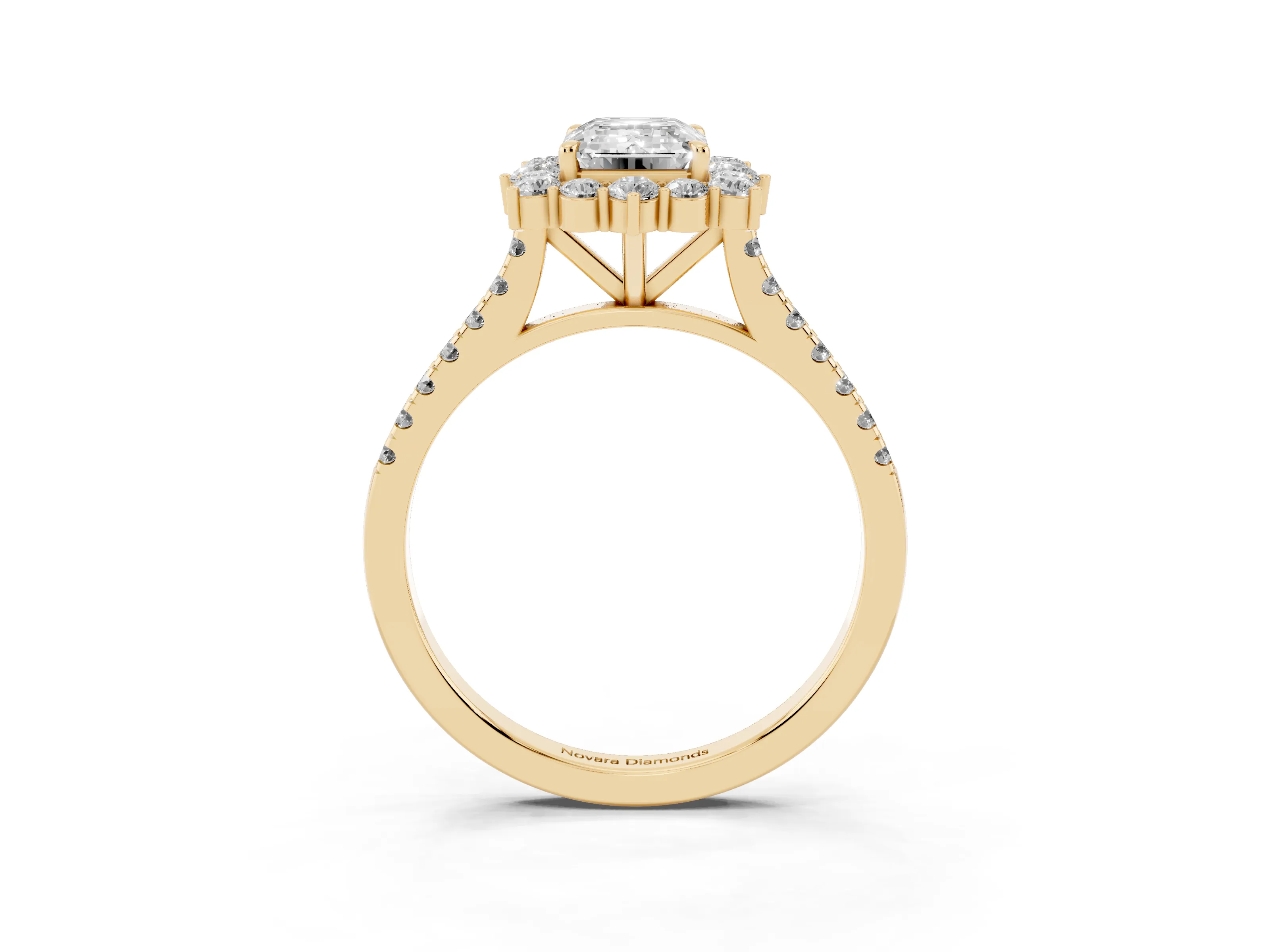 Emerald Cut Diamond Halo Ring Set in Yellow gold with Pavé Band and Prong Setting