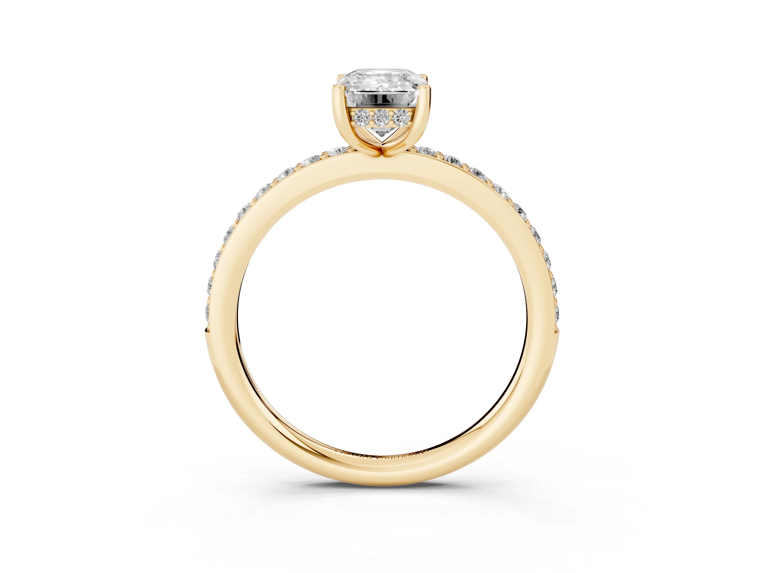 Emerald Cut Diamond Pavé Band Ring Set in Yellow gold with Prong-Set Center Stone