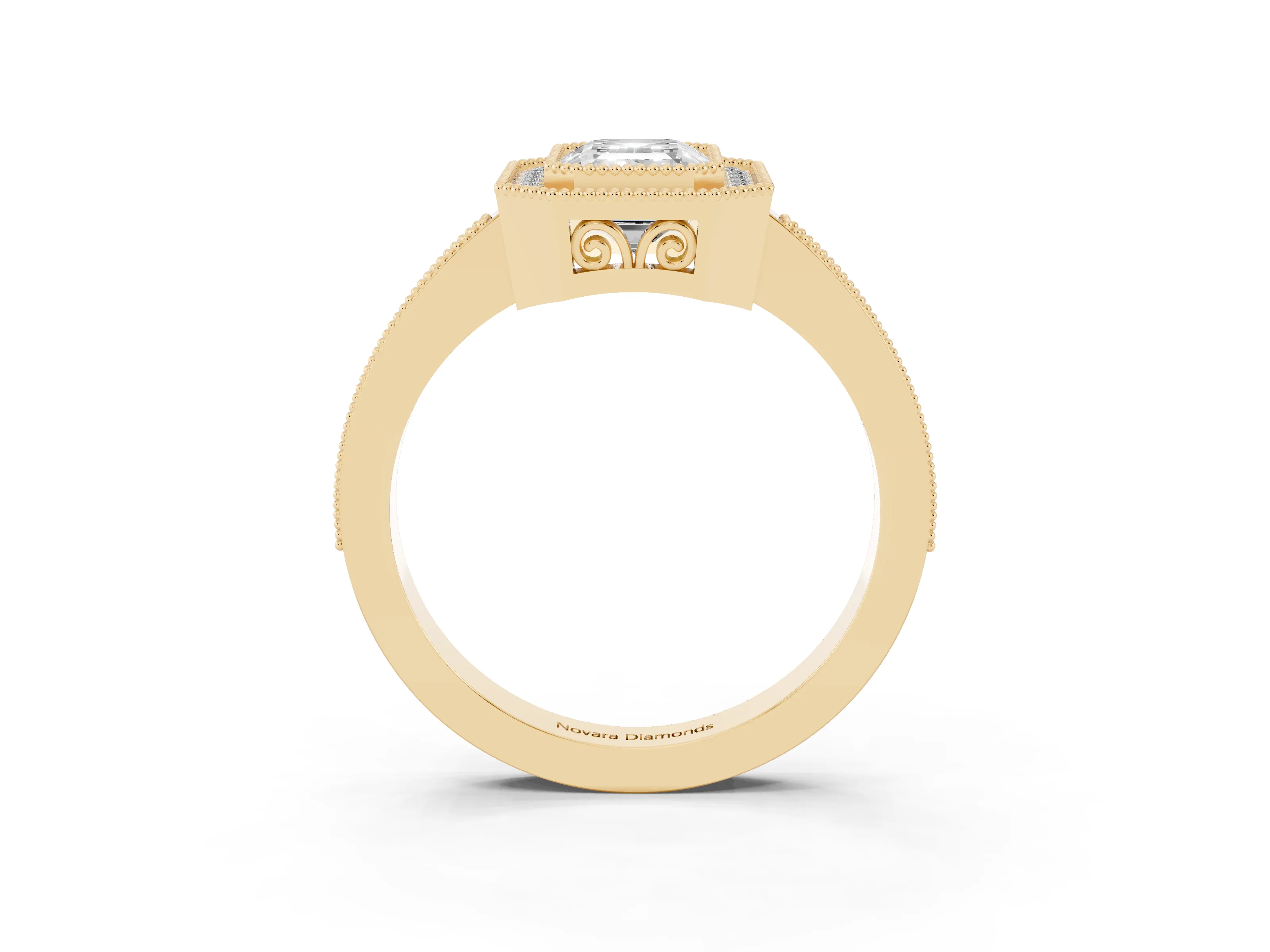 Emerald Cut Diamond Halo Ring Set in Yellow gold with Pavé Band and Milgrain-Edged Prongs