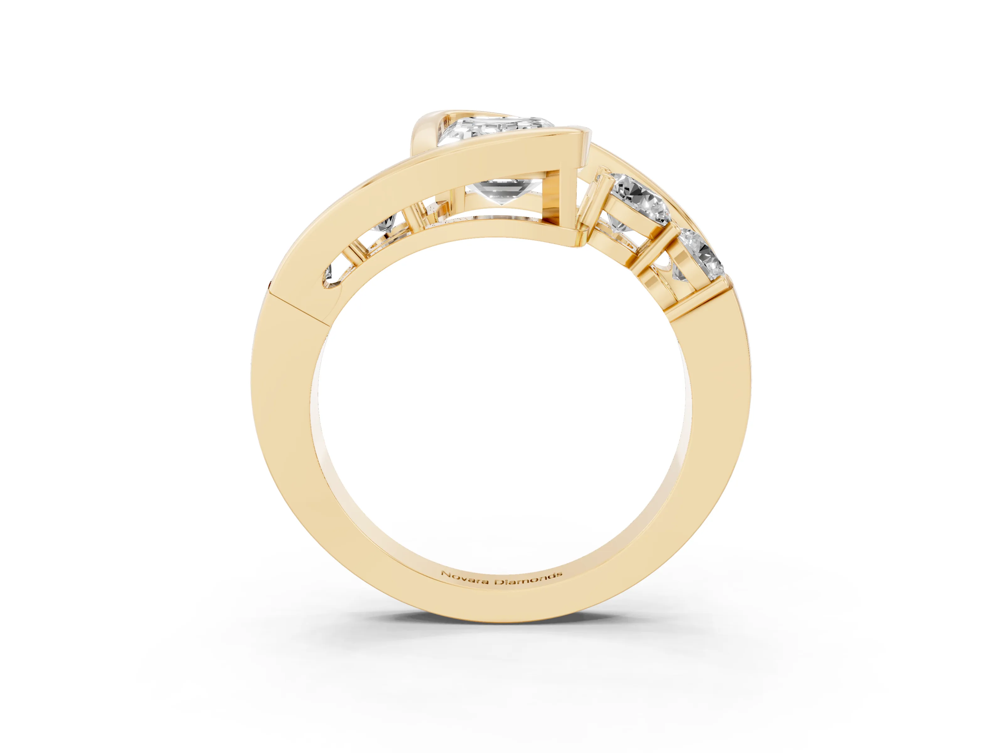 Emerald Cut Diamond Bezel Bypass Ring Set in Yellow gold with Round Accents