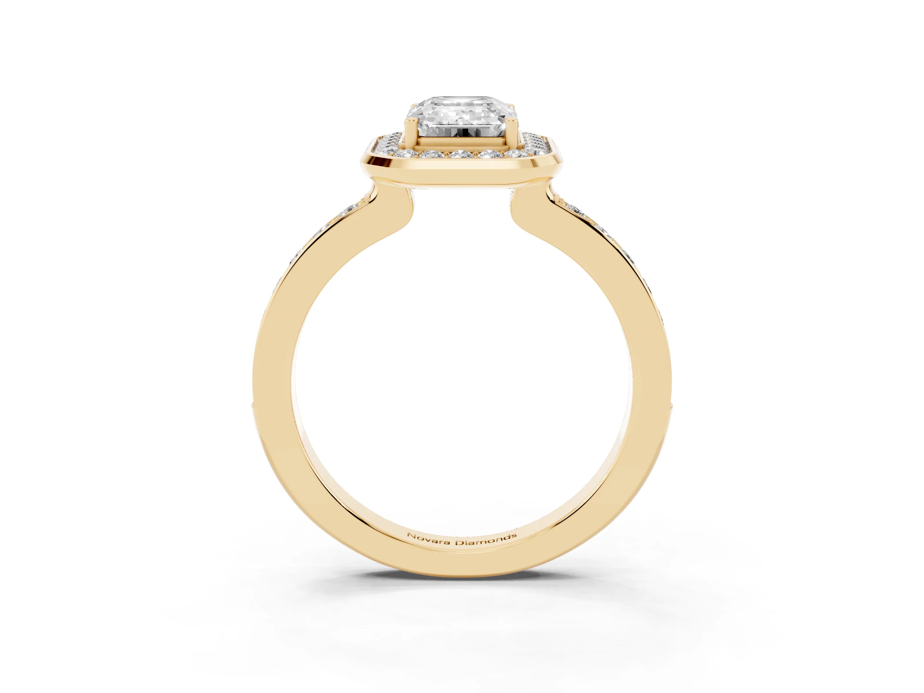 Emerald Cut Diamond Halo Ring Set in Yellow gold with Bezel Frame and Pavé Band