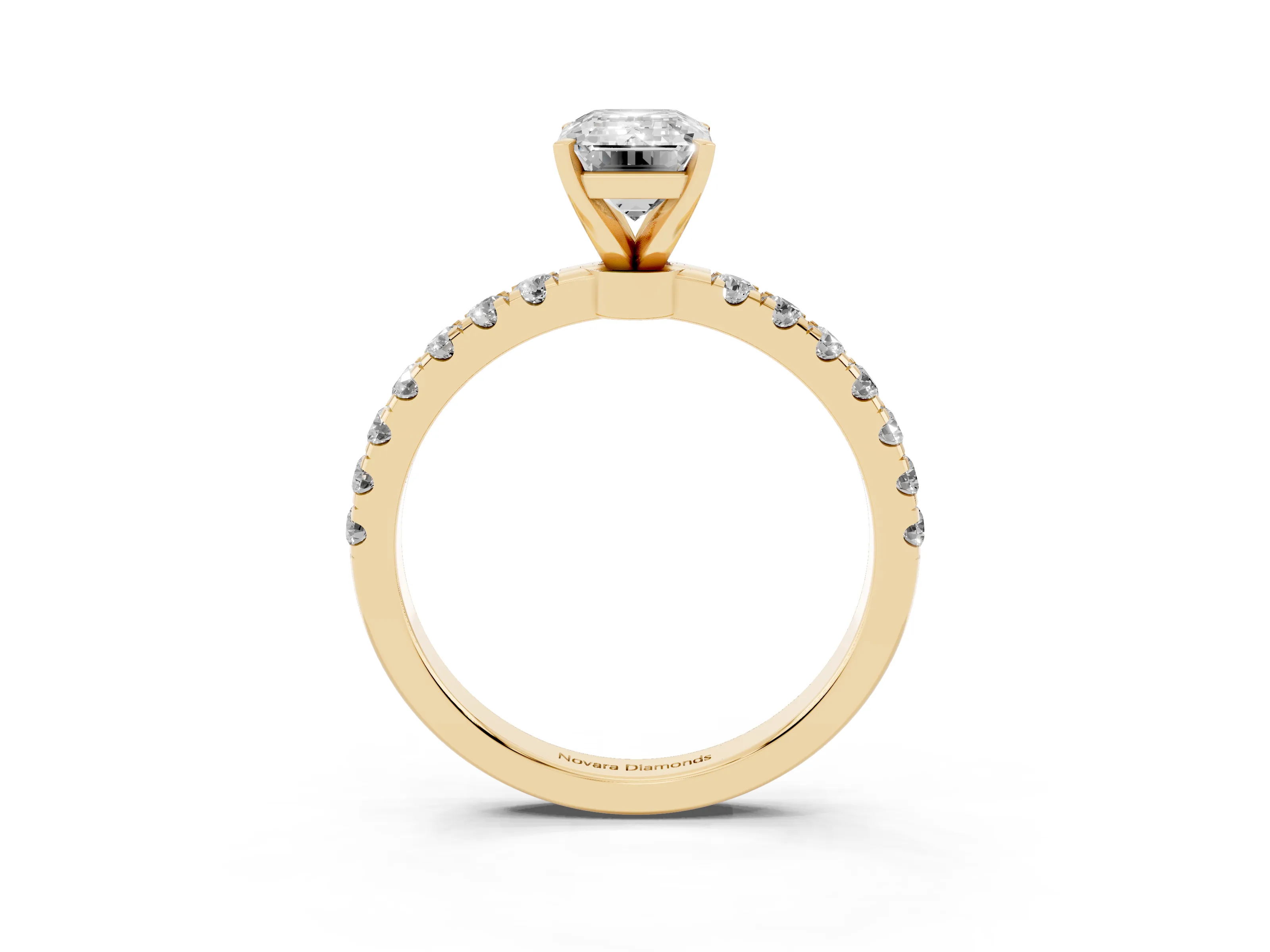 Emerald Cut Diamond Solitaire Ring Set in Yellow gold with Pavé Accents and Prong Setting