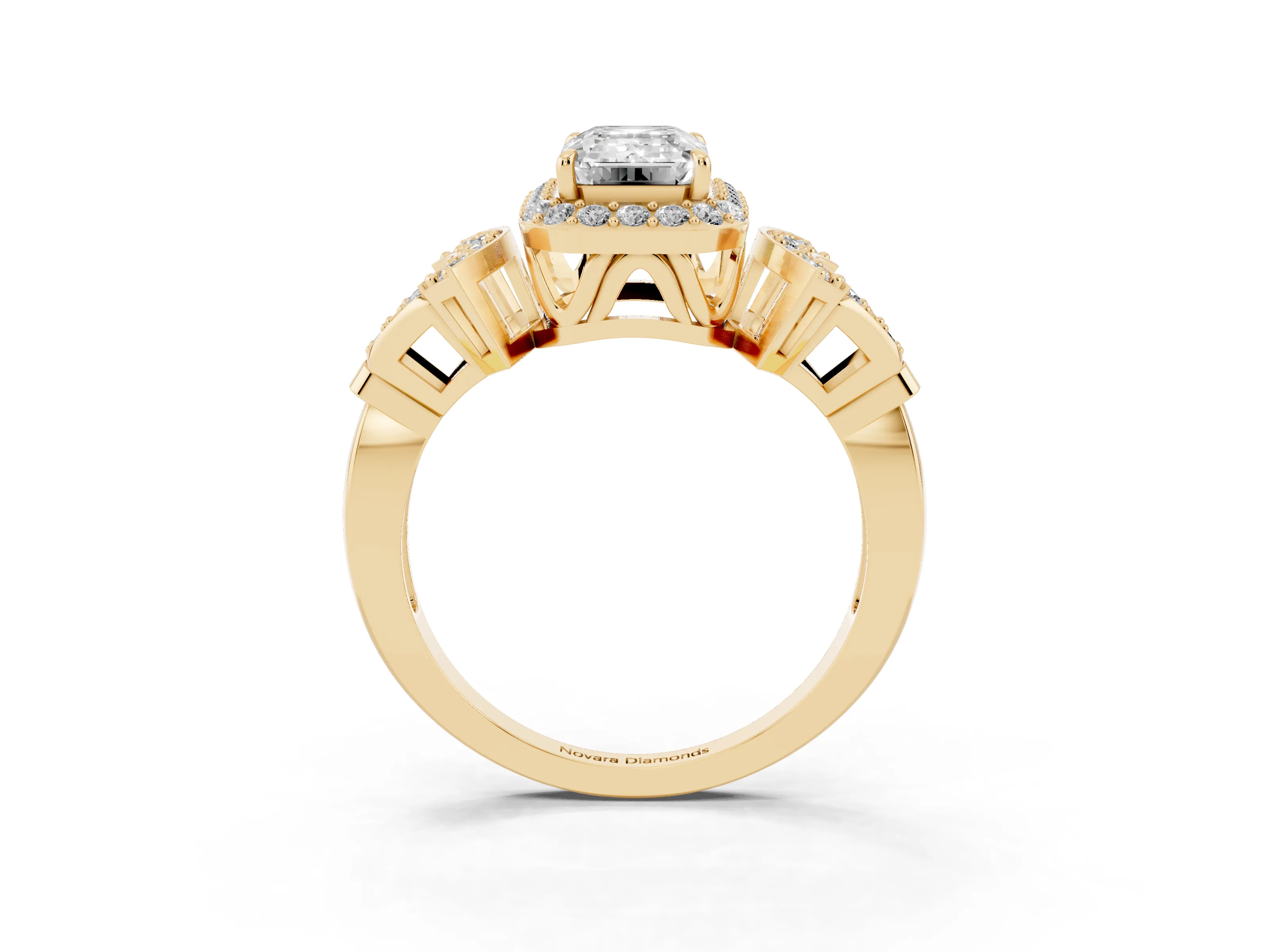 Emerald Cut Diamond Halo Engagement Ring Set in Yellow gold with Accent Stone Split Shank