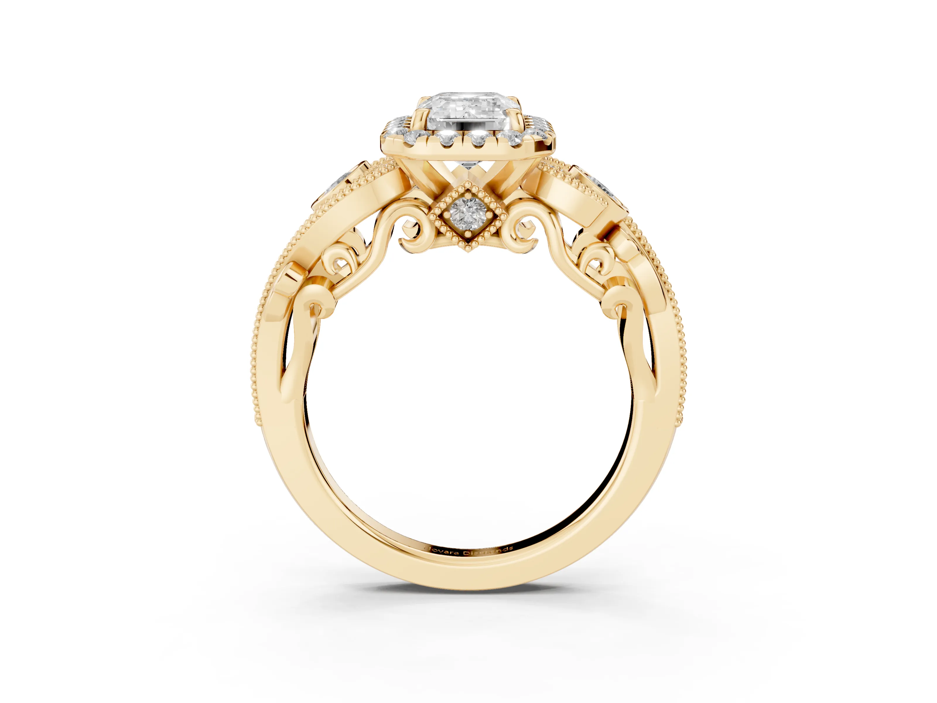 Emerald Cut Diamond Halo Ring Set in Yellow gold with Milgrain Pavé Band and Prong Setting