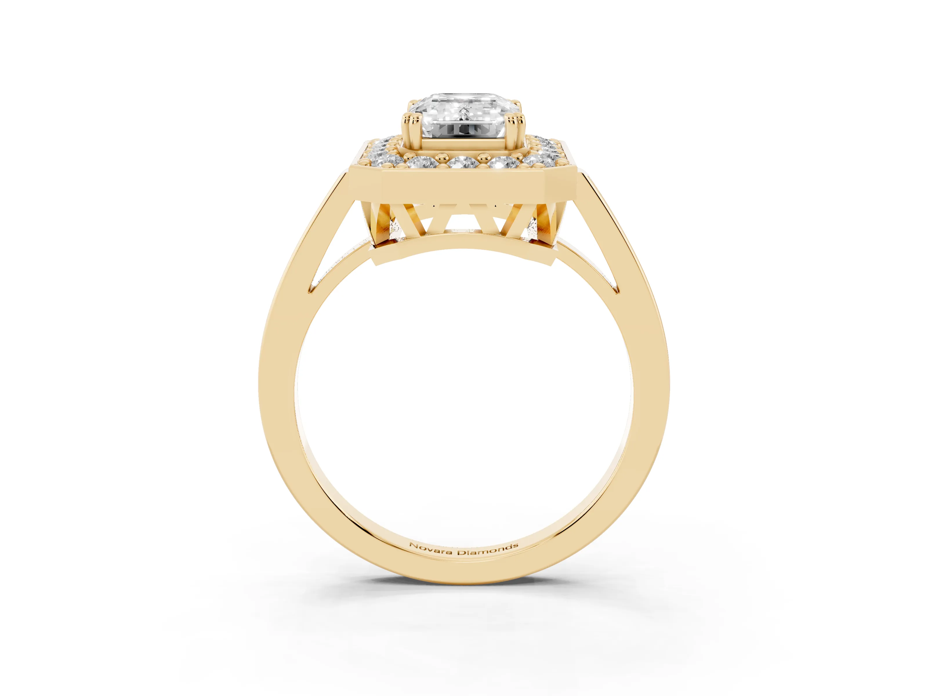 Emerald Cut Diamond Halo Ring Set in Yellow gold with Accent-Lined Split Shank and Prong Setting
