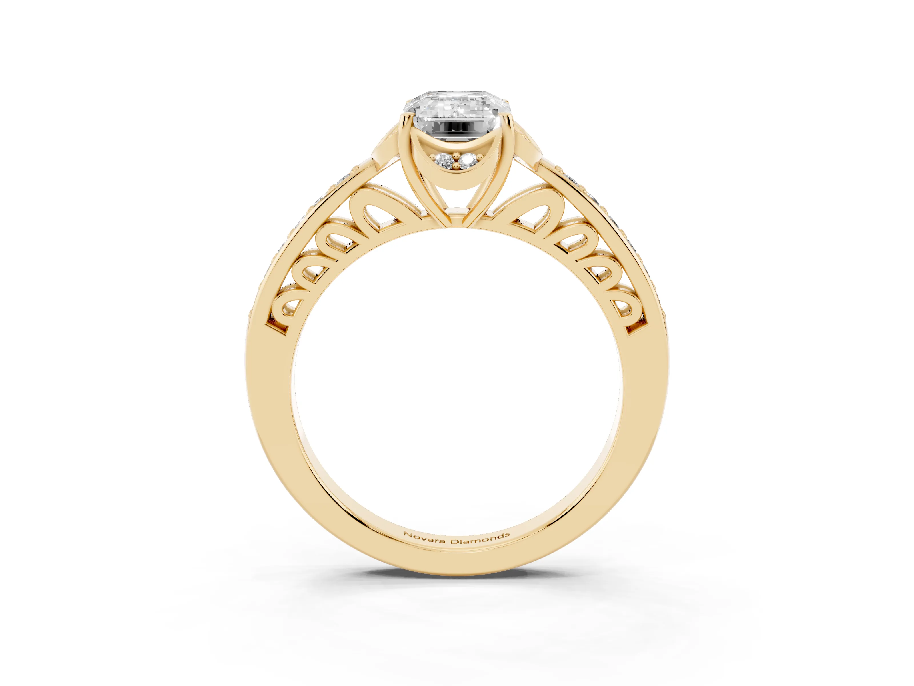 Emerald Cut Diamond Halo Ring Set in Yellow gold with Channel Set Band and Prong Setting