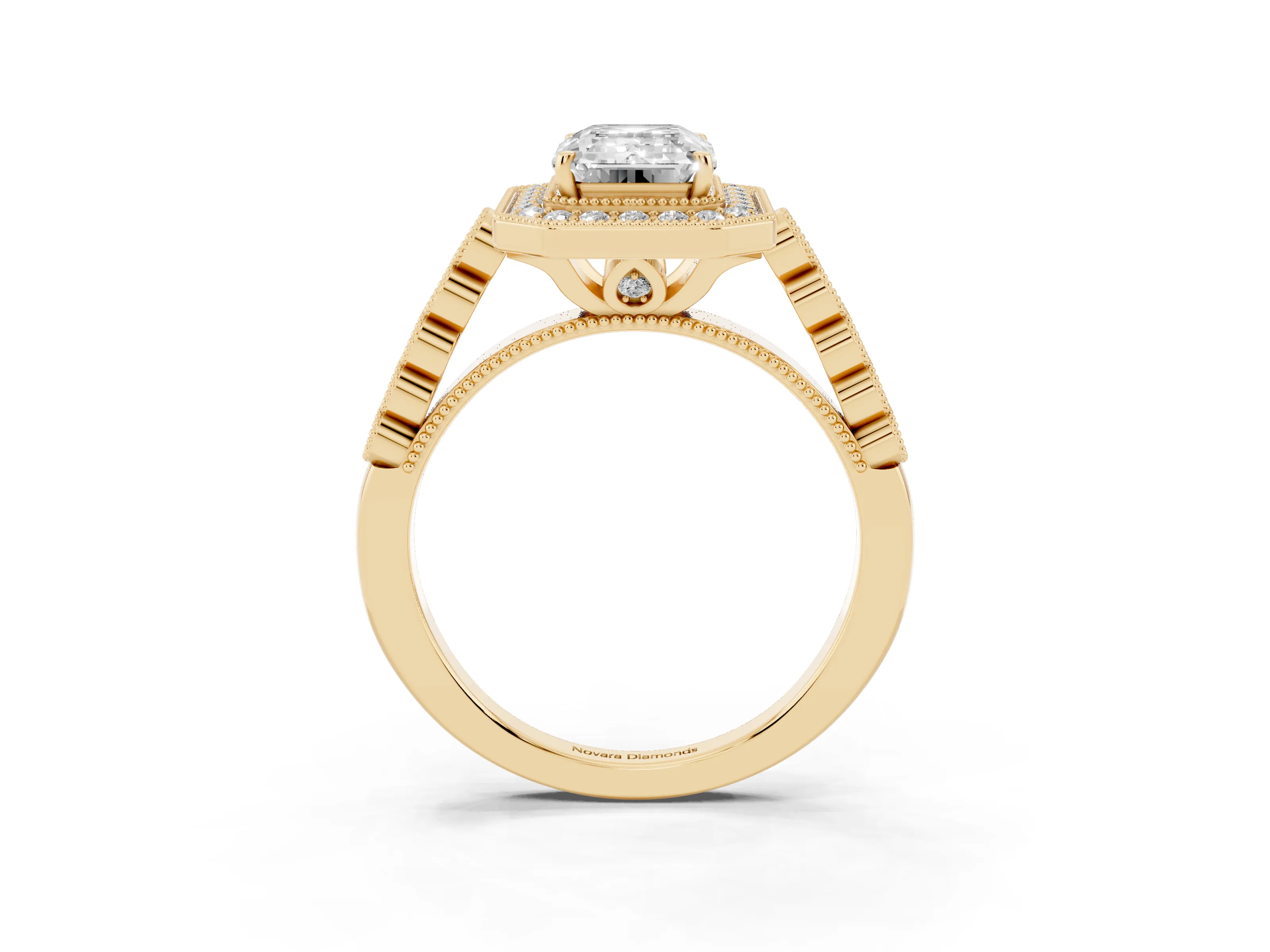 Emerald Cut Diamond Milgrain Halo Solitaire Ring Set in Yellow gold with Bezel Set Side Stones and Pavé Band