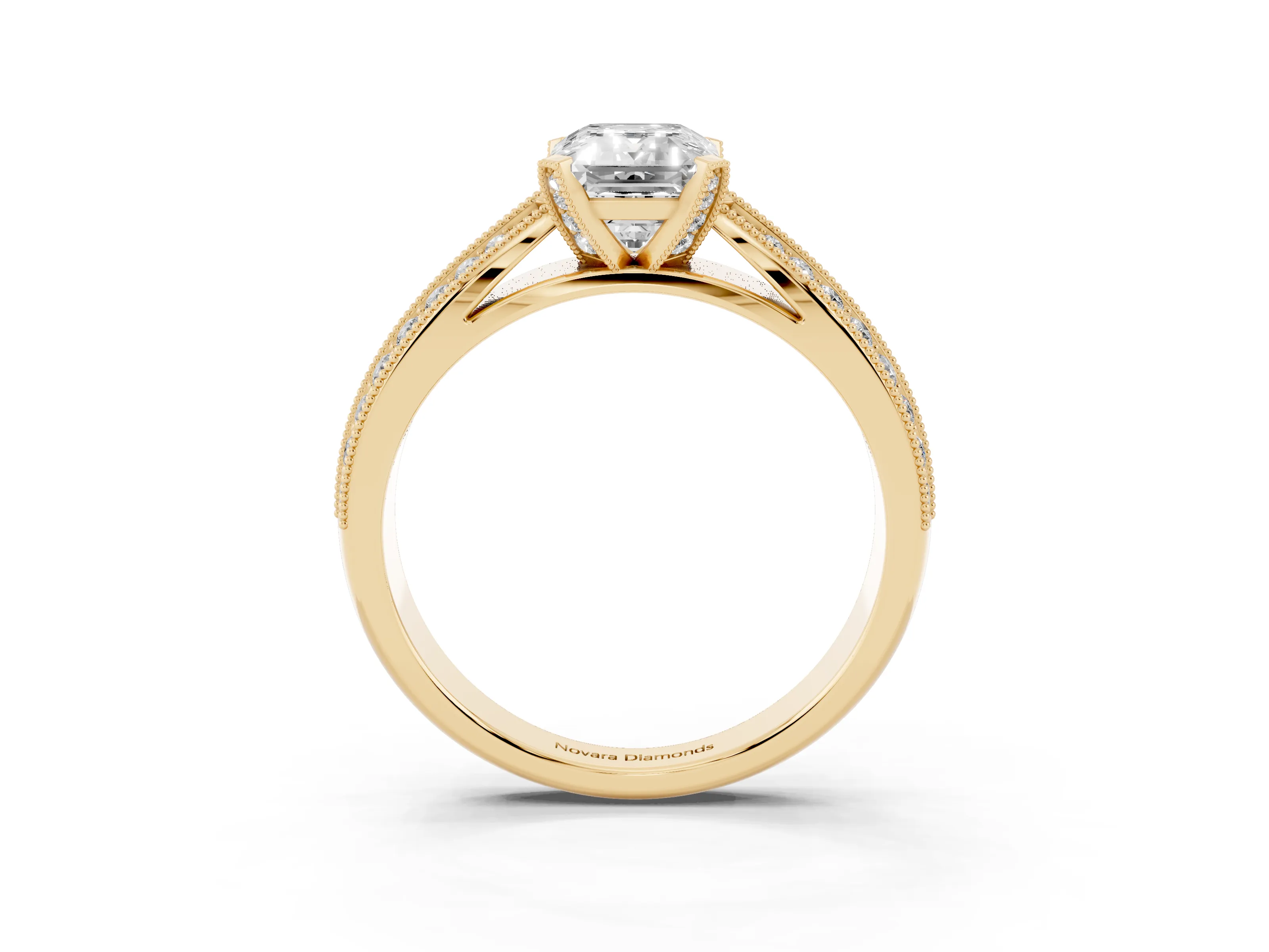 Emerald Cut Diamond Solitaire Ring Set in Yellow gold with Milgrain Double Row Round Pavé Band