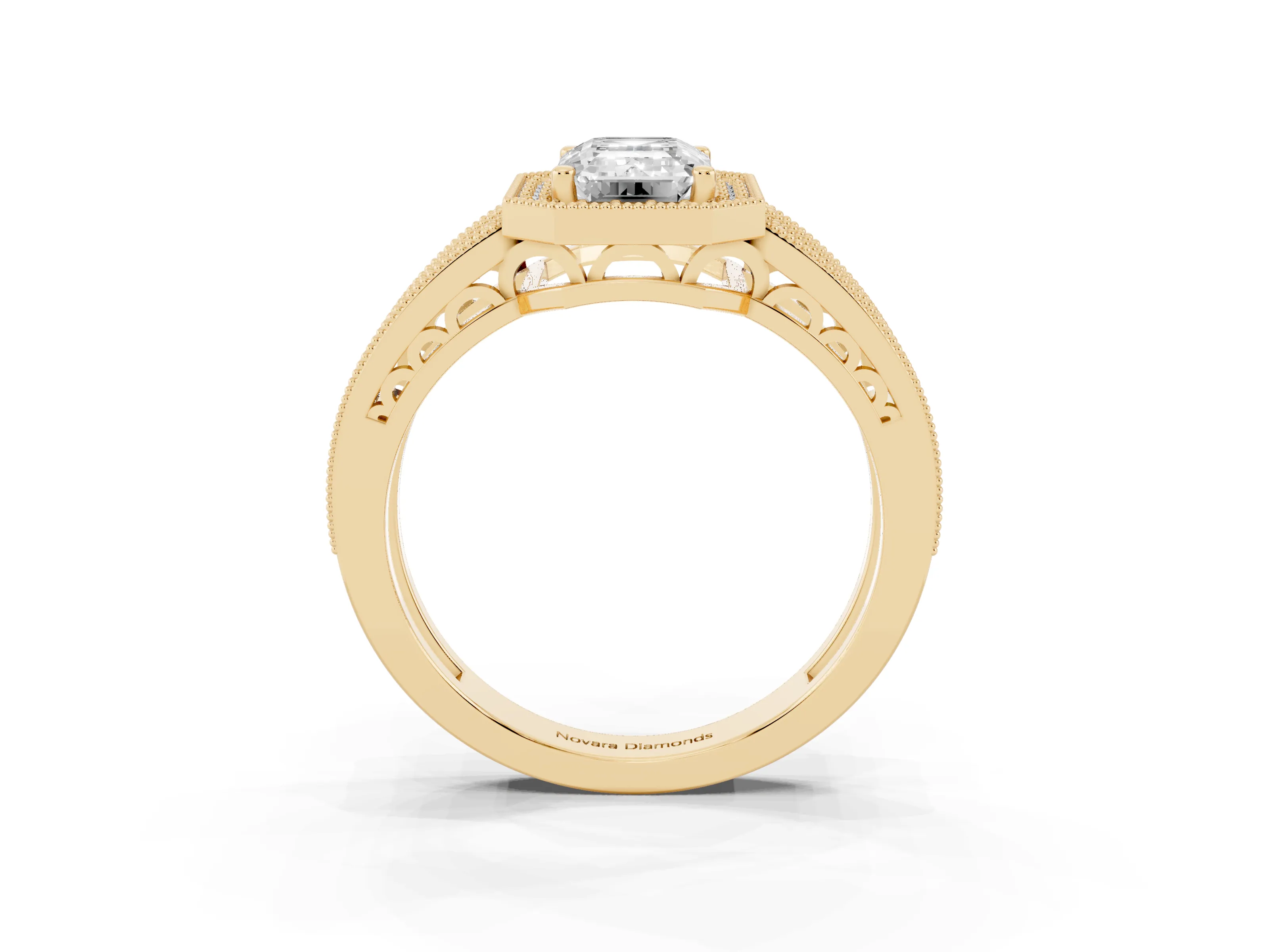 Emerald Cut Diamond Halo Ring Set in Yellow gold with Accent Split Shank and Prong Setting