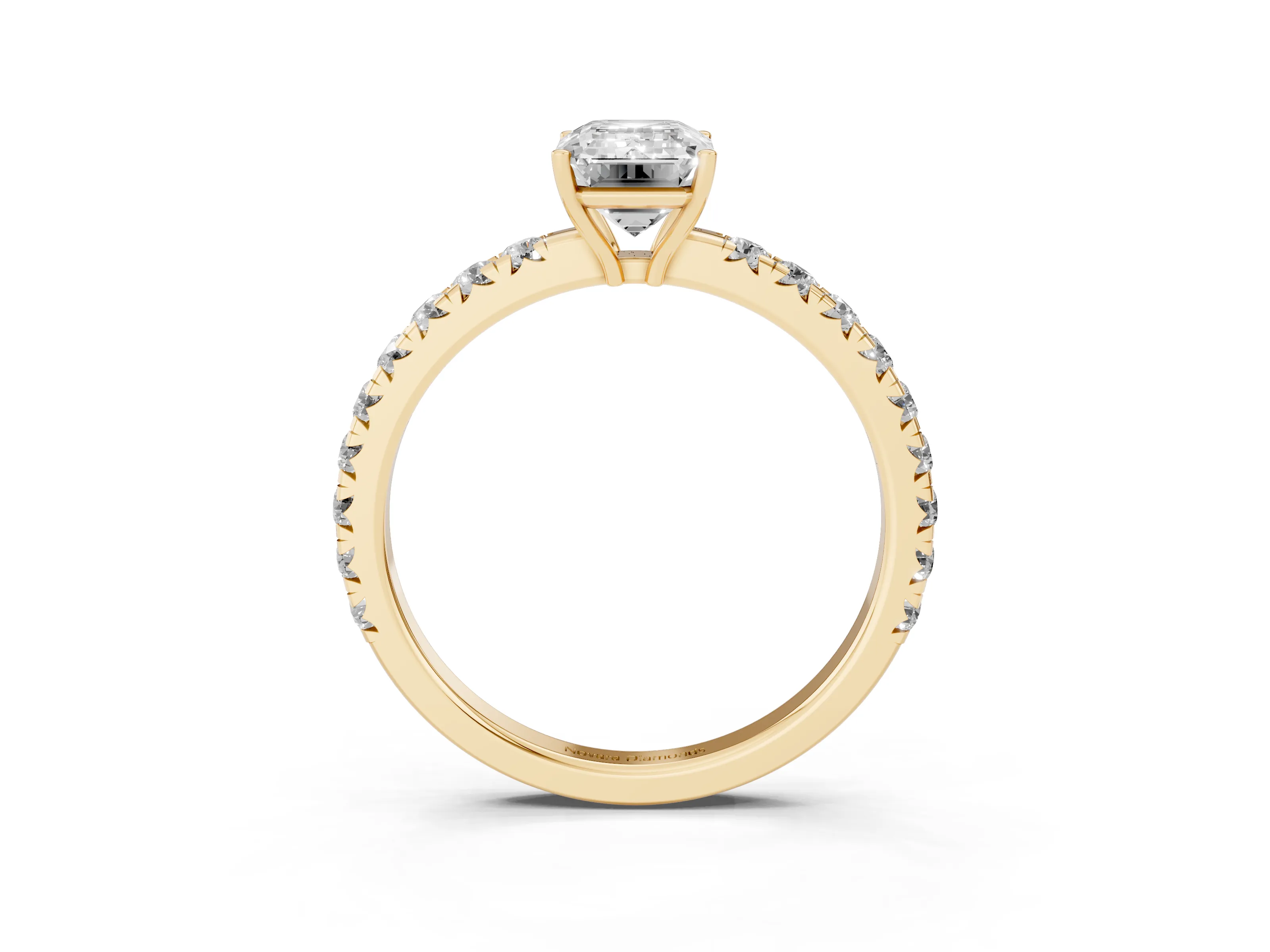 Emerald Cut Diamond Pavé Solitaire Engagement Ring Set in Yellow gold with Prong Setting