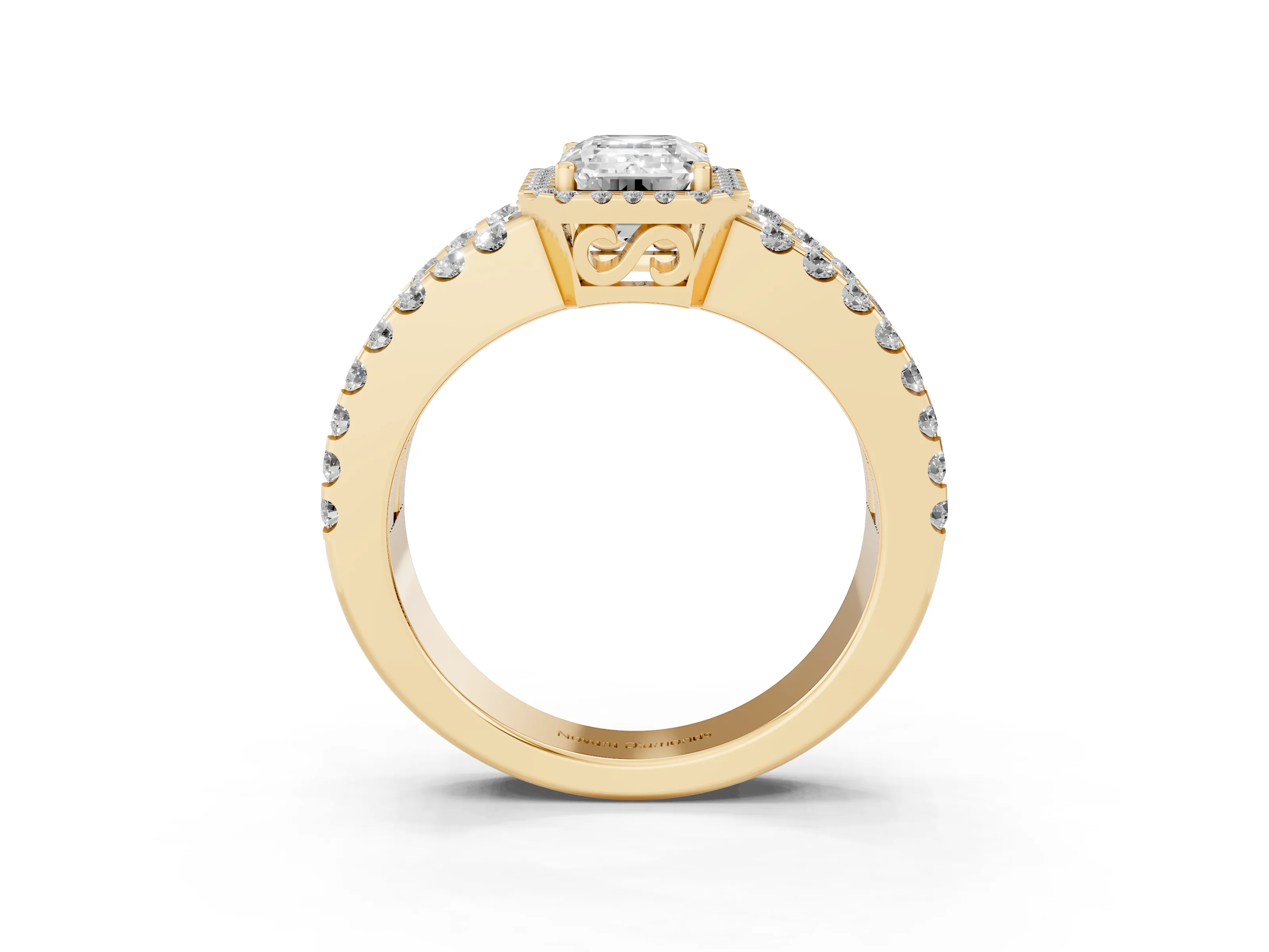 Emerald Cut Diamond Halo Ring Set in Yellow gold with Pavé Split Shank and Prong Setting