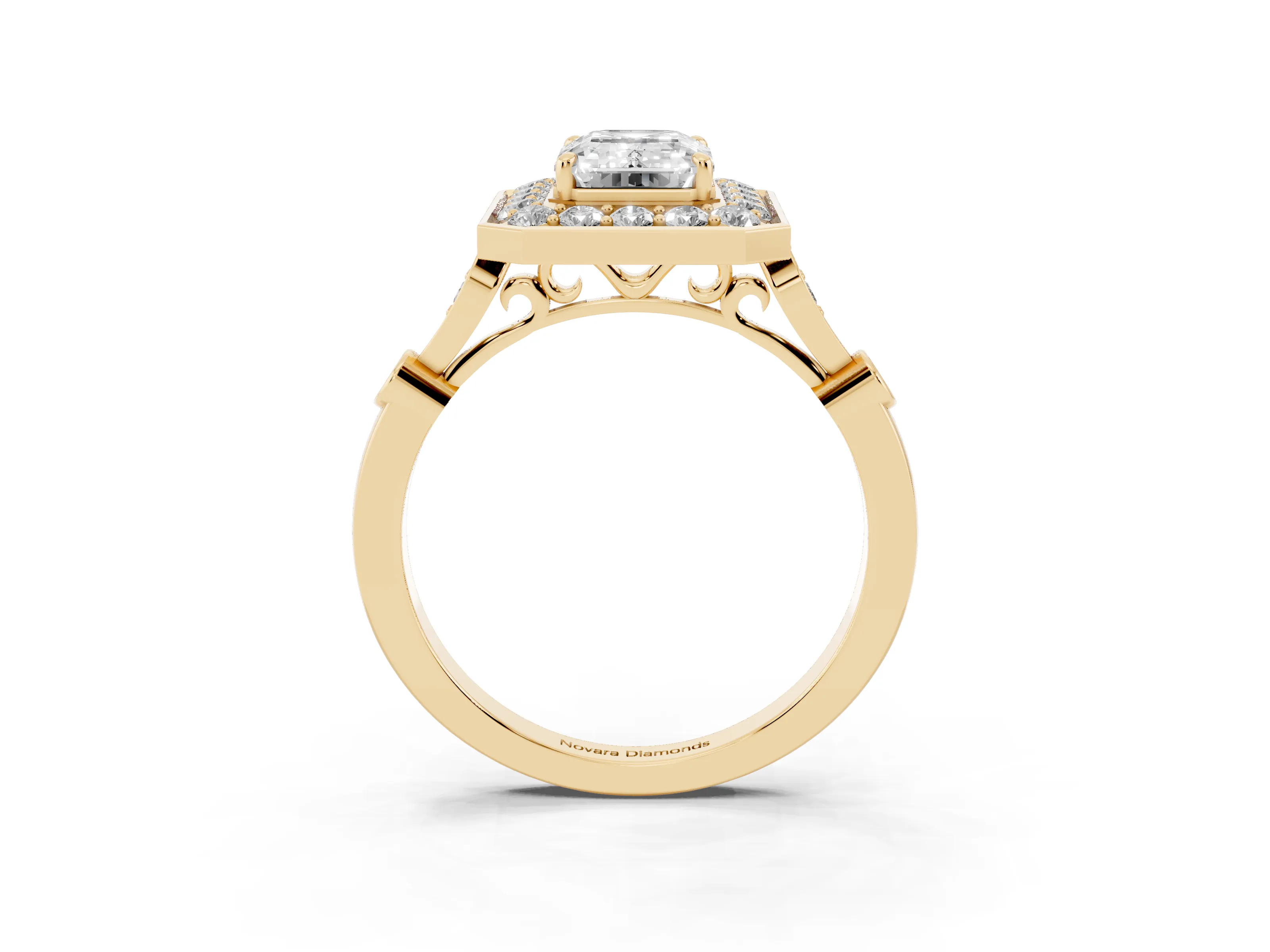 Emerald Cut Diamond Halo Engagement Ring Set in Yellow gold with Twisted Band and Prong Setting