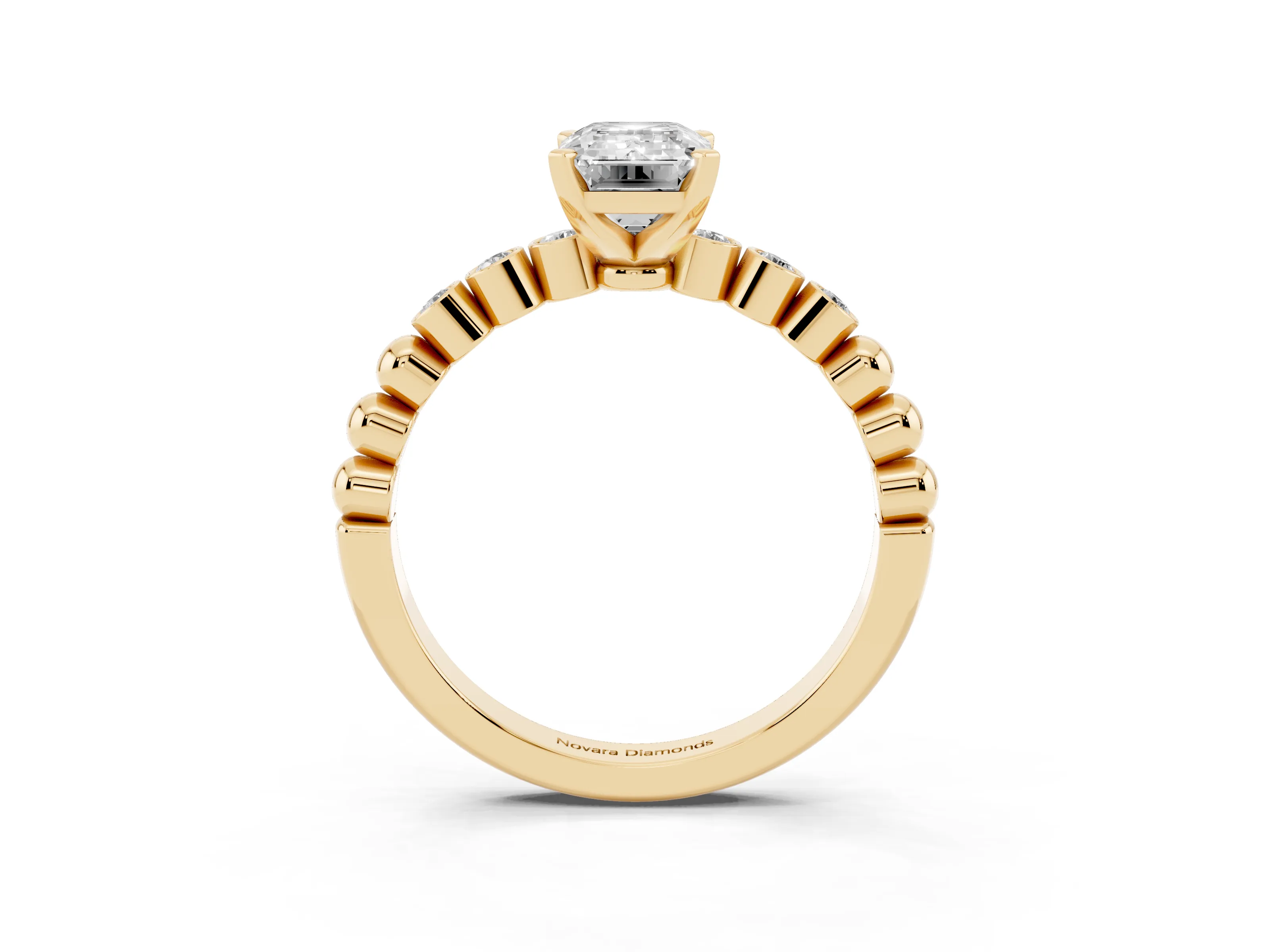Emerald Cut Diamond Solitaire Engagement Ring Set in Yellow gold with Bezel Accents on Beaded Band