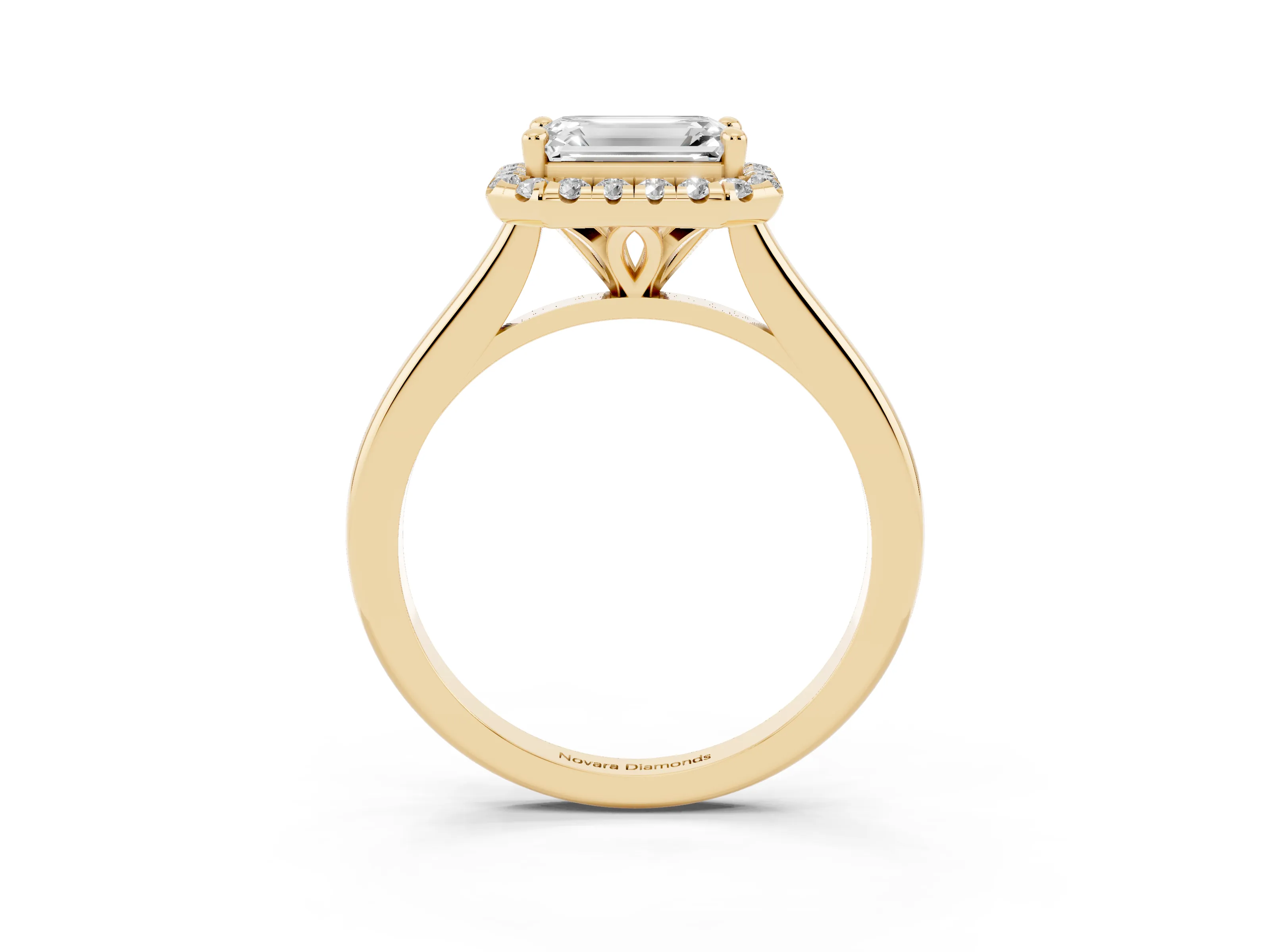 Emerald Cut Diamond Halo Engagement Ring Set in Yellow gold with Pavé Band and Rising Shoulders