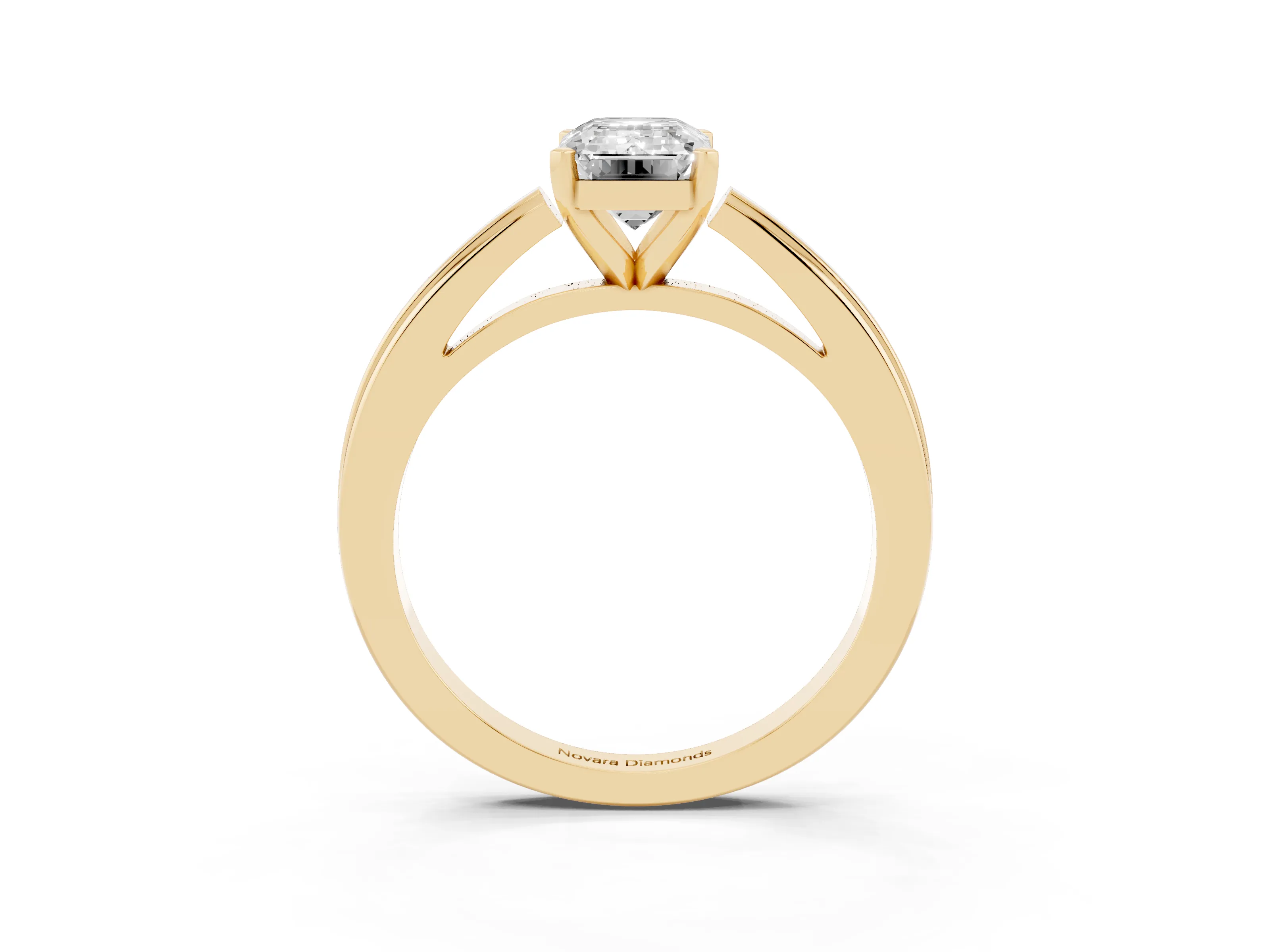 Emerald Cut Diamond Solitaire Ring Set in Yellow gold with Prong Setting and Classic Band