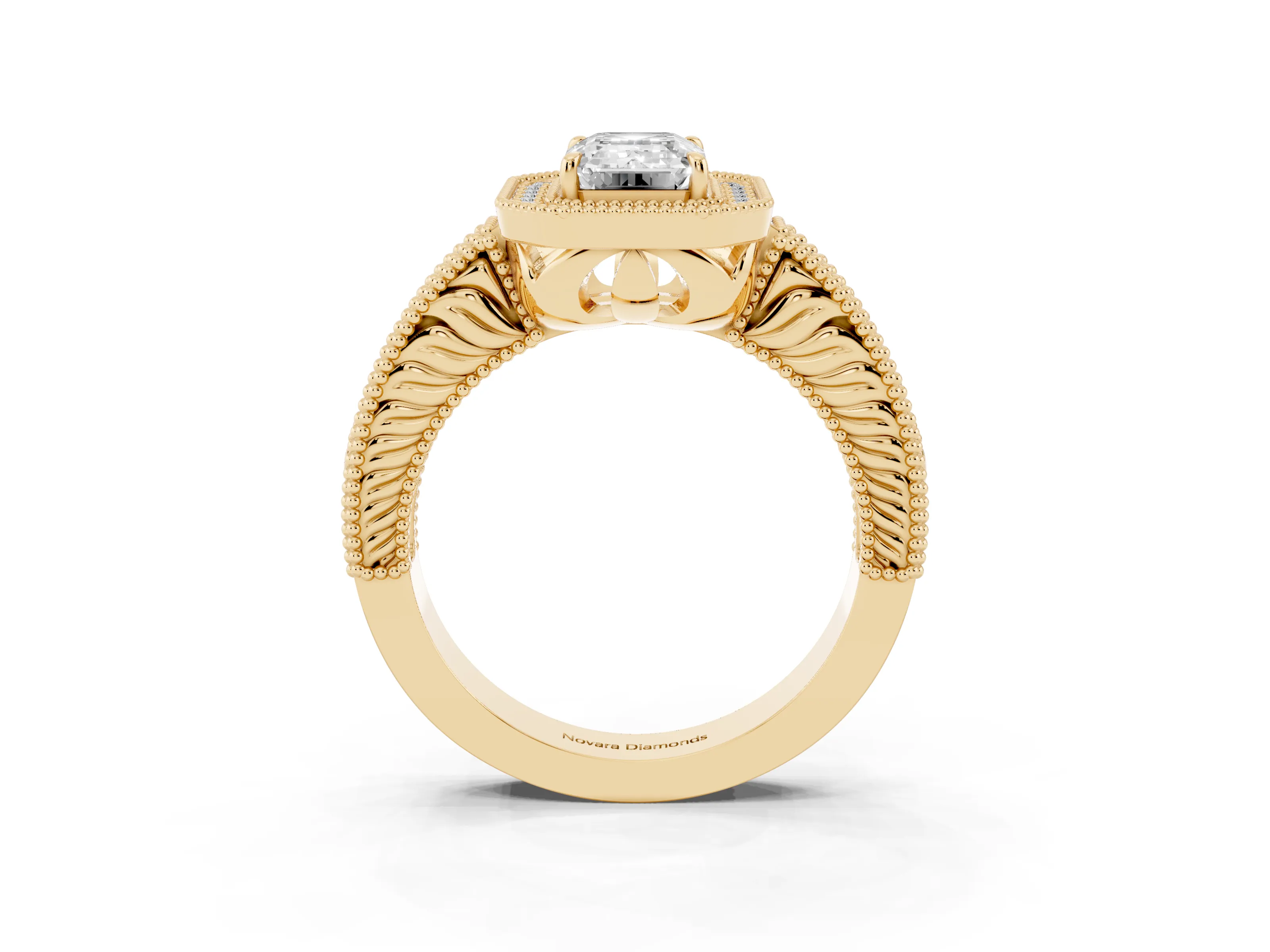 Emerald Cut Diamond Halo Ring Set in Yellow gold with Round Accent Halo, Pavé Band and Prong Setting
