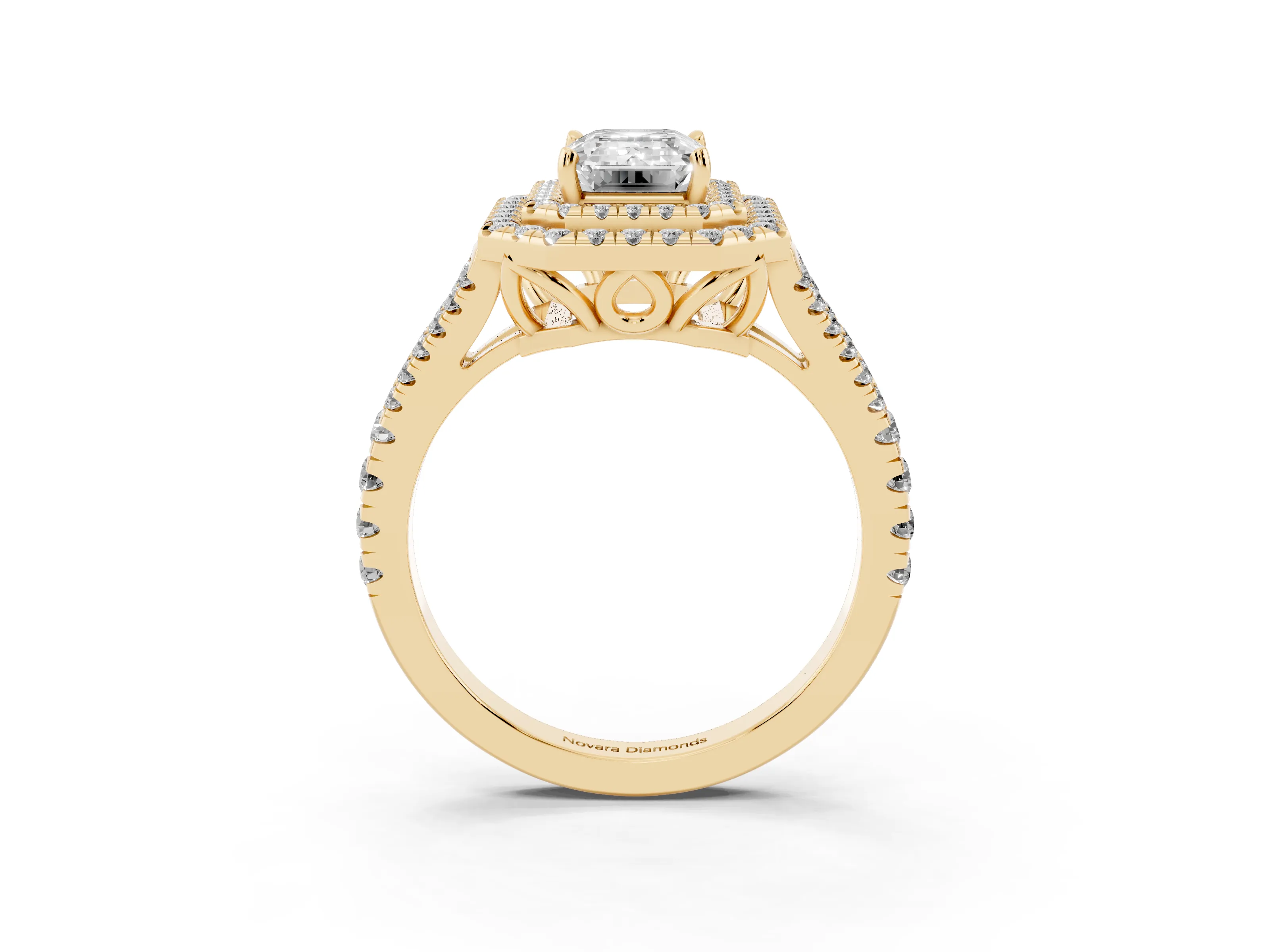 Emerald Cut Diamond Double Halo Ring Set in Yellow gold with Pavé Band