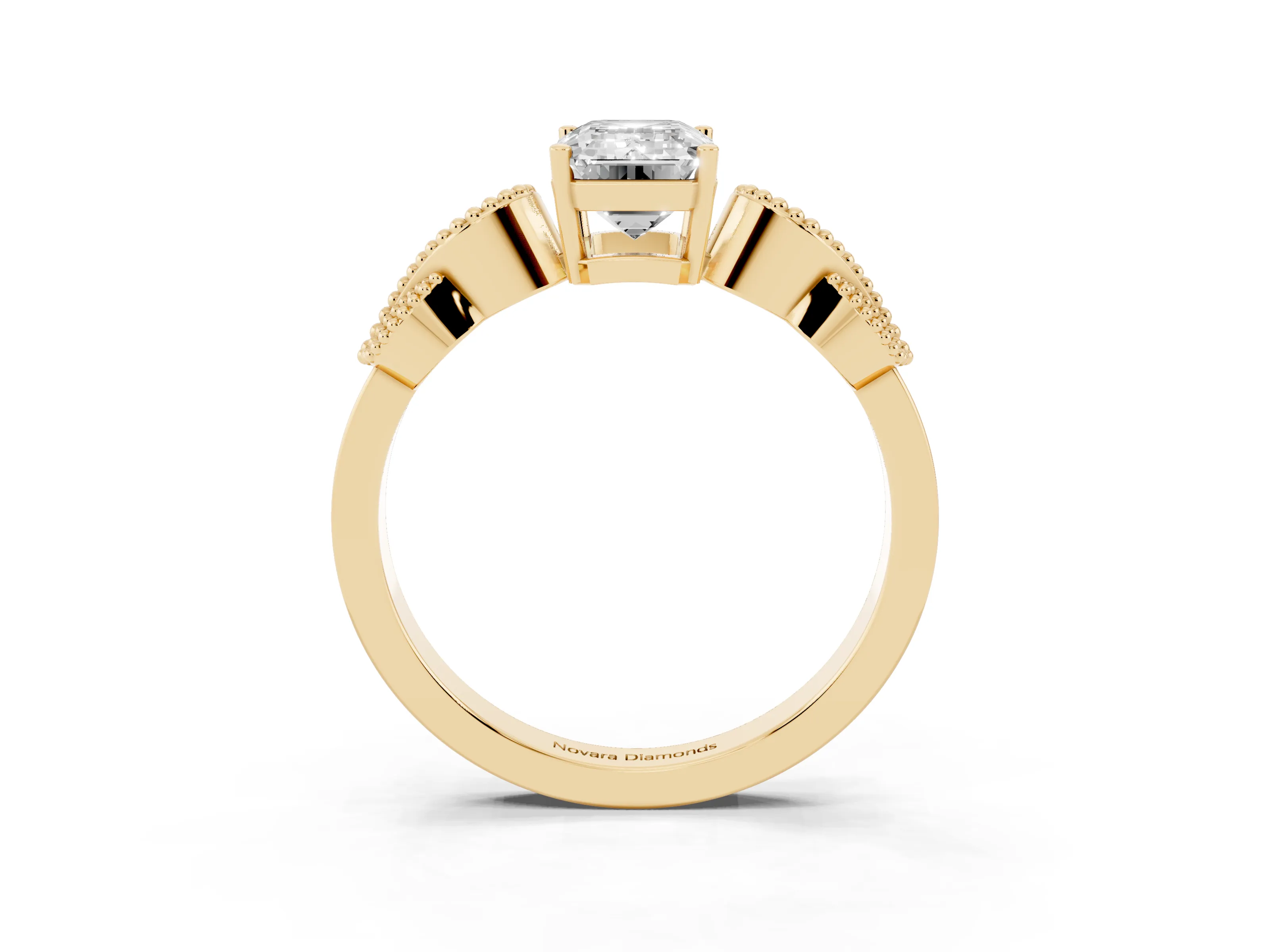 Emerald Cut Diamond Milgrain Leaf Band Solitaire Ring Set in Yellow gold with Accent Stones and Prong Setting