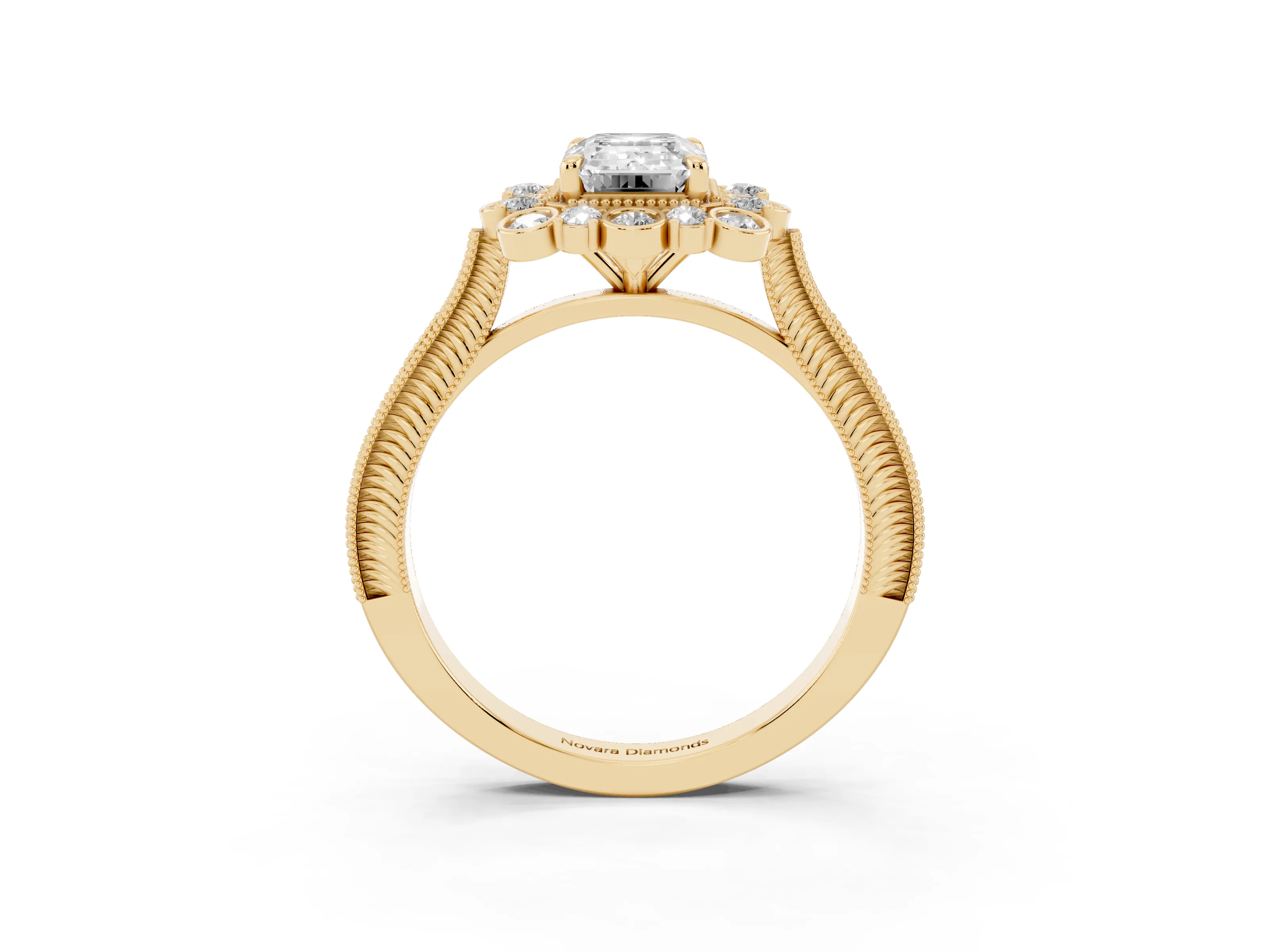 Emerald Cut Diamond Halo Milgrain Pavé Ring Set in Yellow gold with Prong Setting