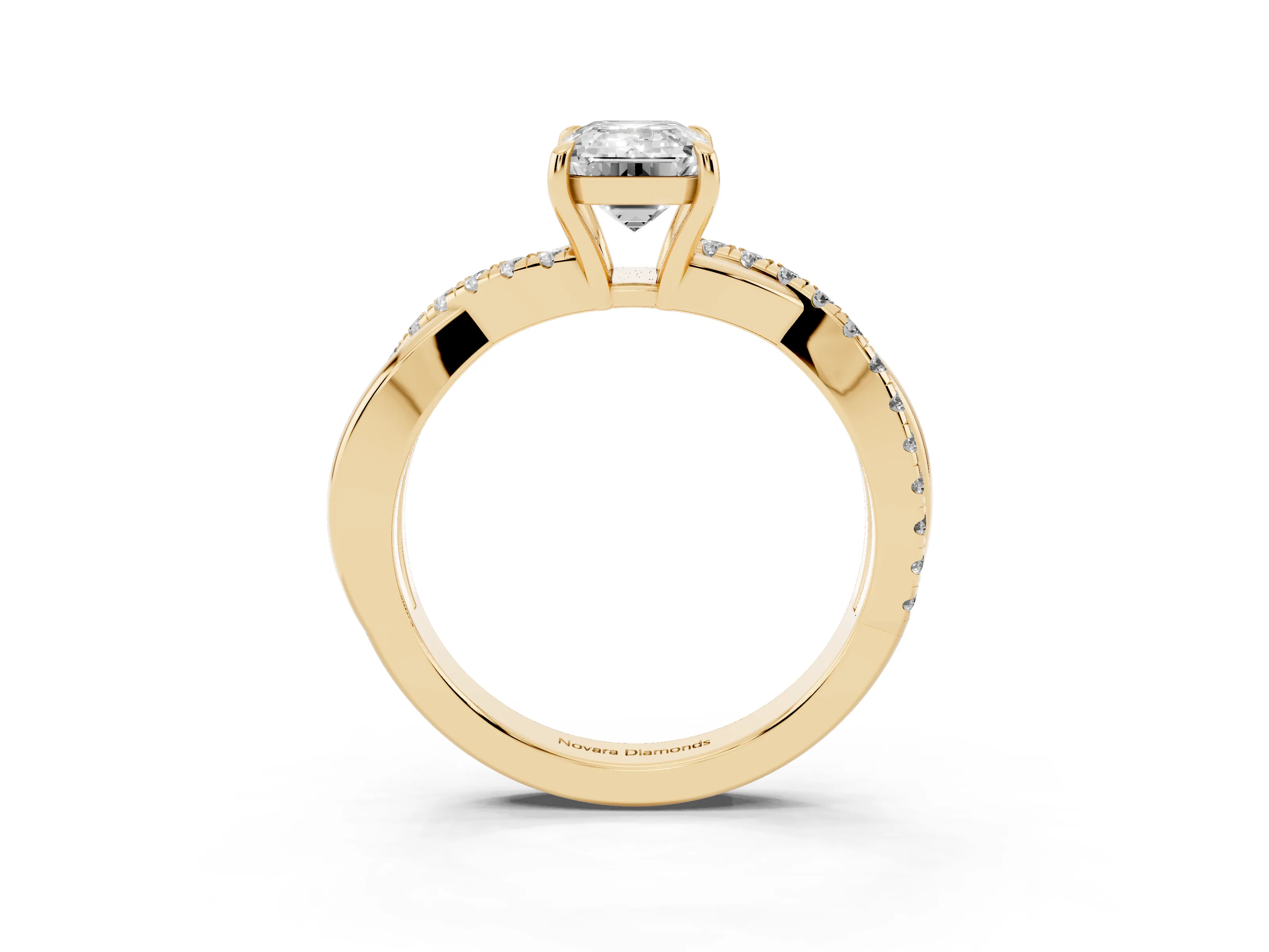 Emerald Cut Diamond Twisted Pavé Band Ring Set in Yellow gold with Prong Setting