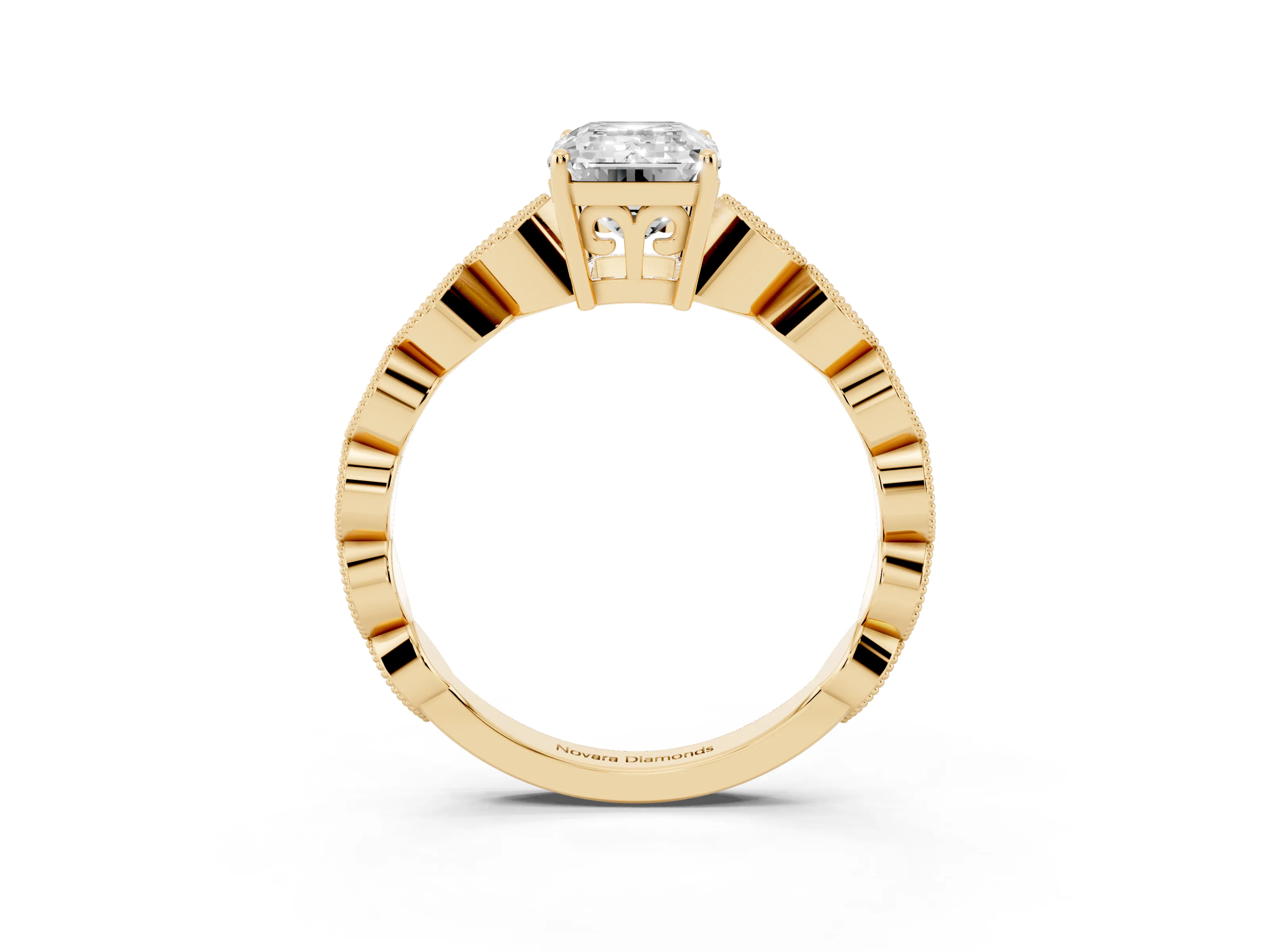 Emerald Cut Diamond Solitaire Ring Set in Yellow gold with Infinity Twist Pavé Band
