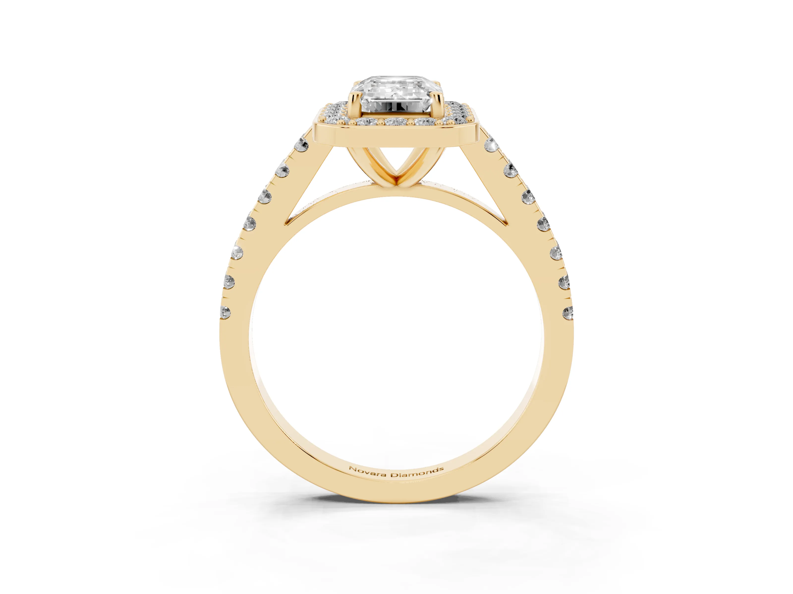 Emerald Cut Diamond Halo Ring Set in Yellow gold with Round Pavé Split Shank and Prong Setting