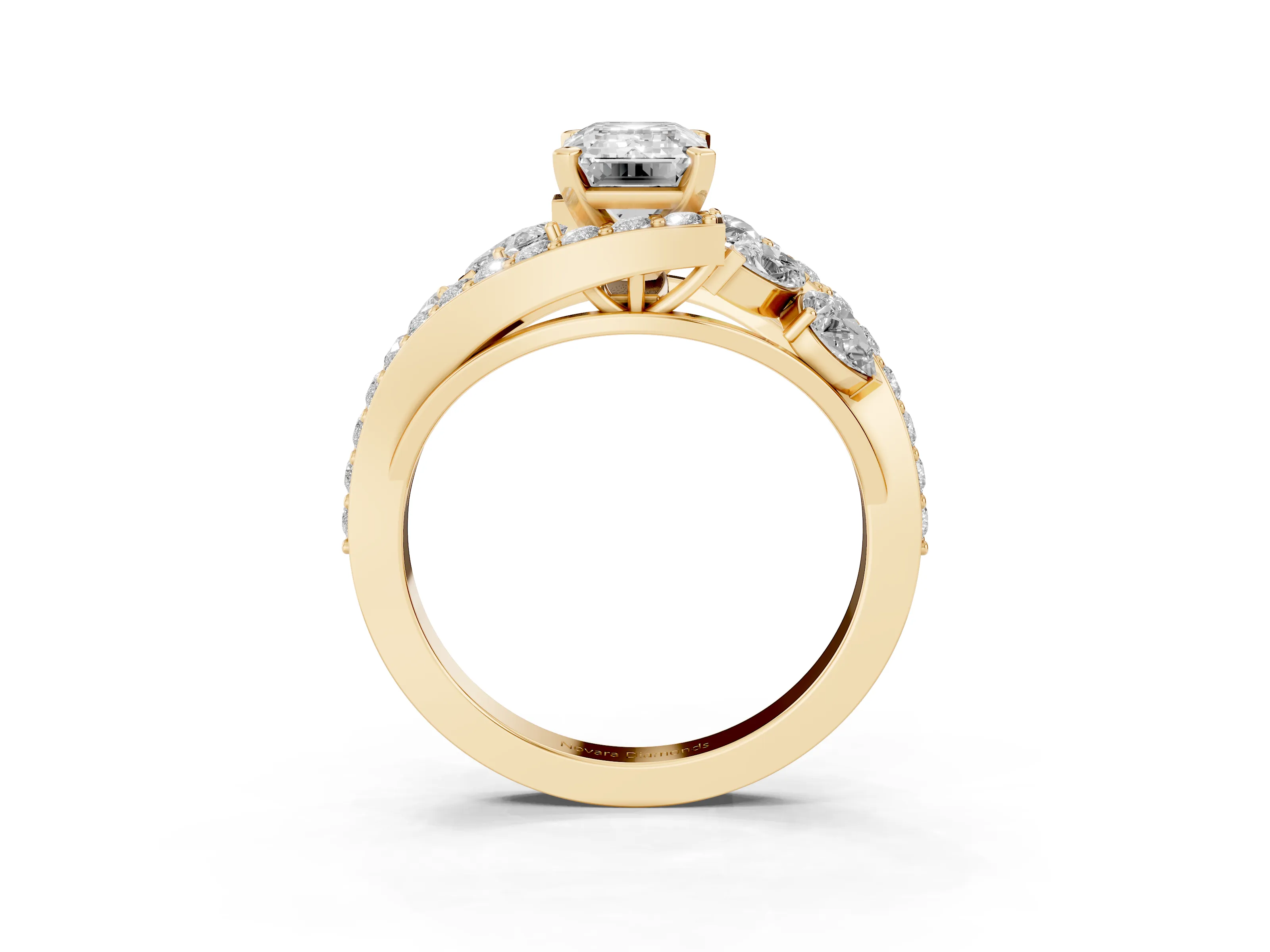 Emerald Cut Diamond Halo Ring Set in Yellow gold with Marquise and Pavé Band in Prong Setting
