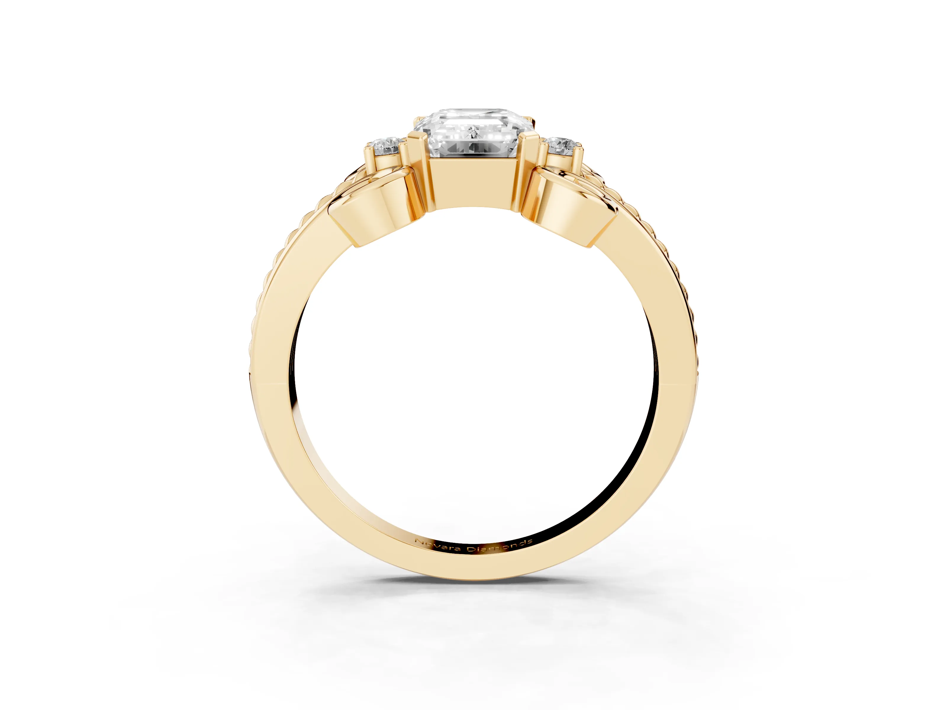 Emerald Cut Diamond Twisted Band Solitaire Ring Set in Yellow gold with Scroll Prongs